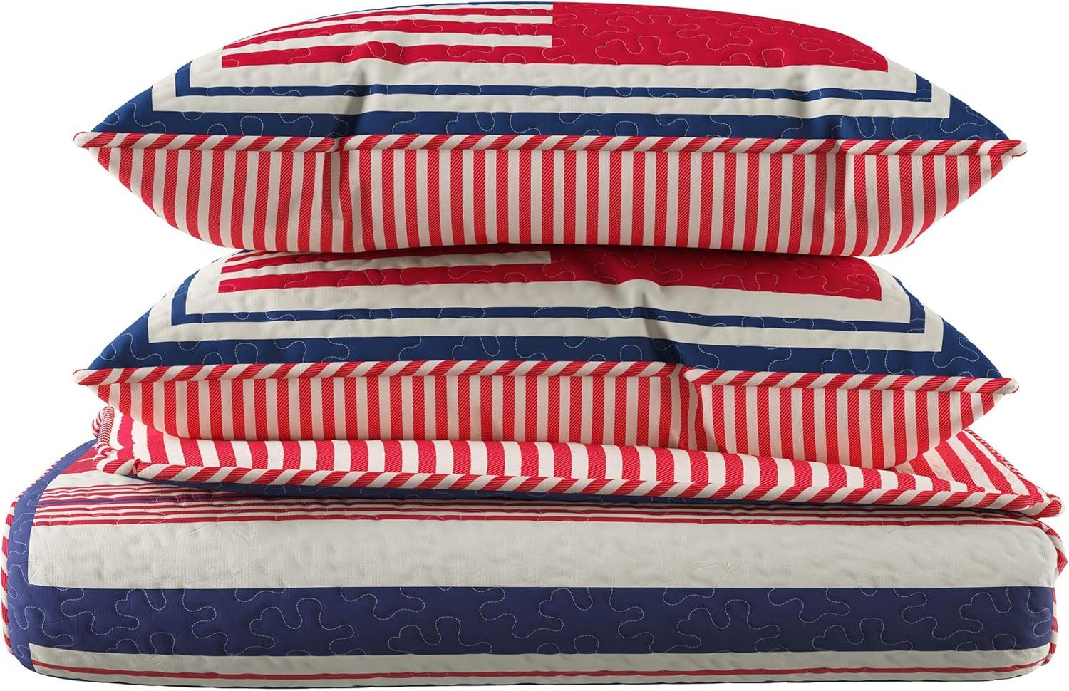 imageBedford Home 2Piece Quilt and Bed Set Hypoallergenic Polyester Microfiber Glory Bound Patriotic Americana Flag Print AllSeason Blanket with Shams by LHC TXL Deep Red Antique White Navy Blue