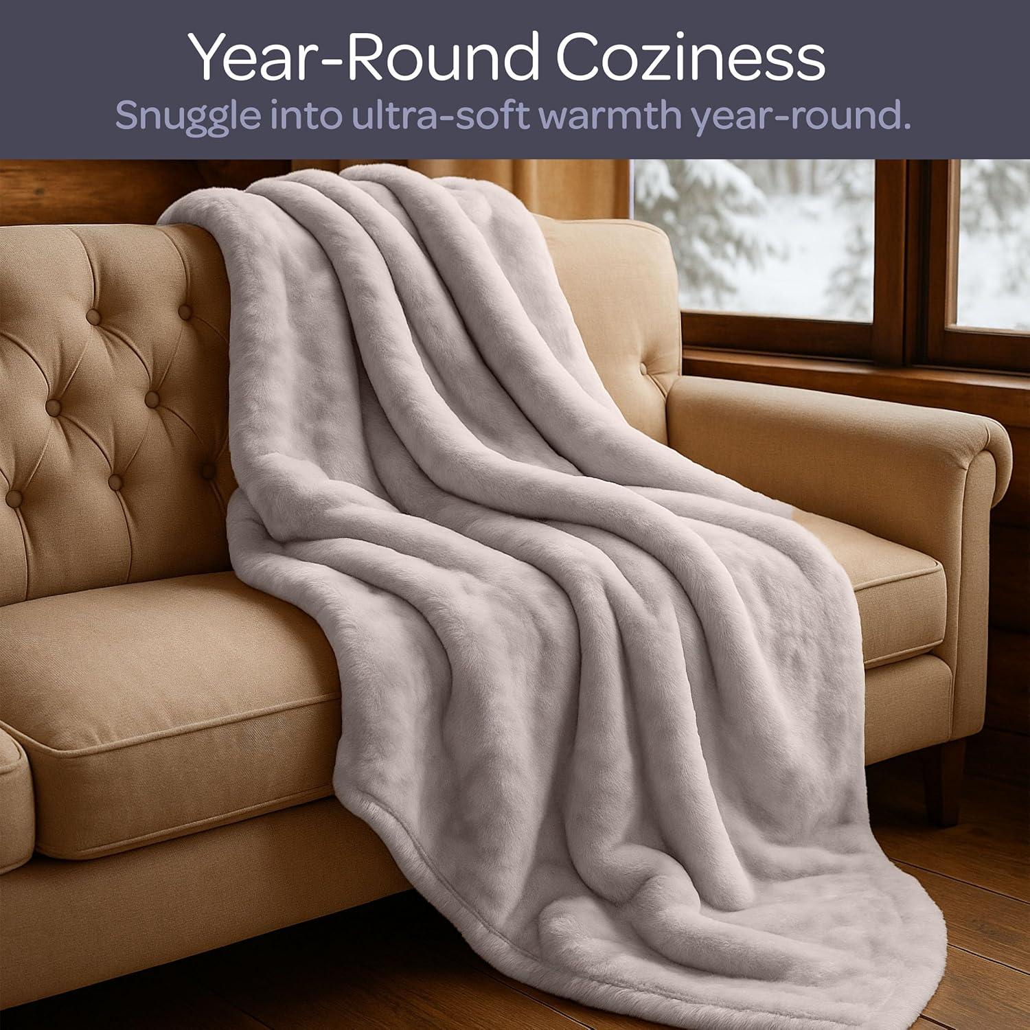 imageBedford Home Faux Fur Throw Blanket Oversized 91x81 MachineWashable Bedding MinkStyle 78lb Heavy Blanket for Bed or Sofa BeigeBeige
