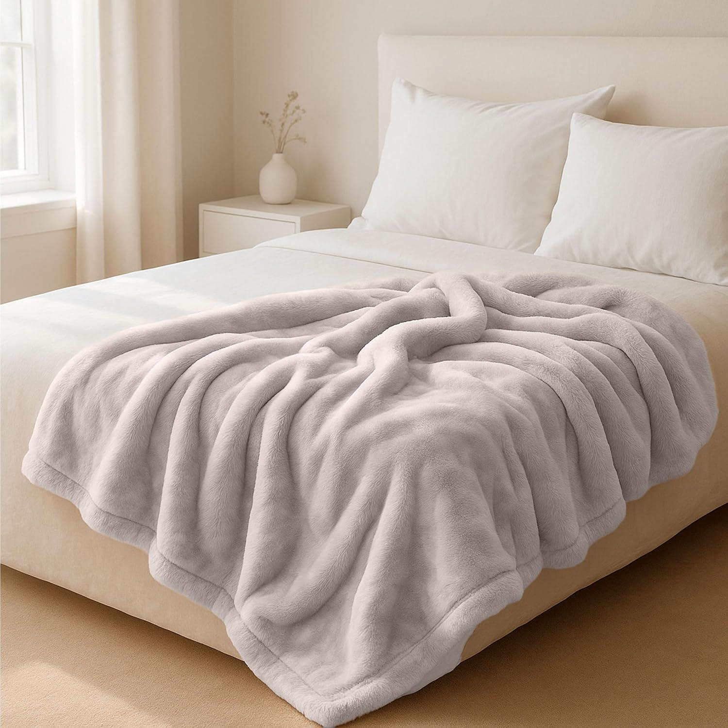 imageBedford Home Faux Fur Throw Blanket Oversized 91x81 MachineWashable Bedding MinkStyle 78lb Heavy Blanket for Bed or Sofa BeigeBeige