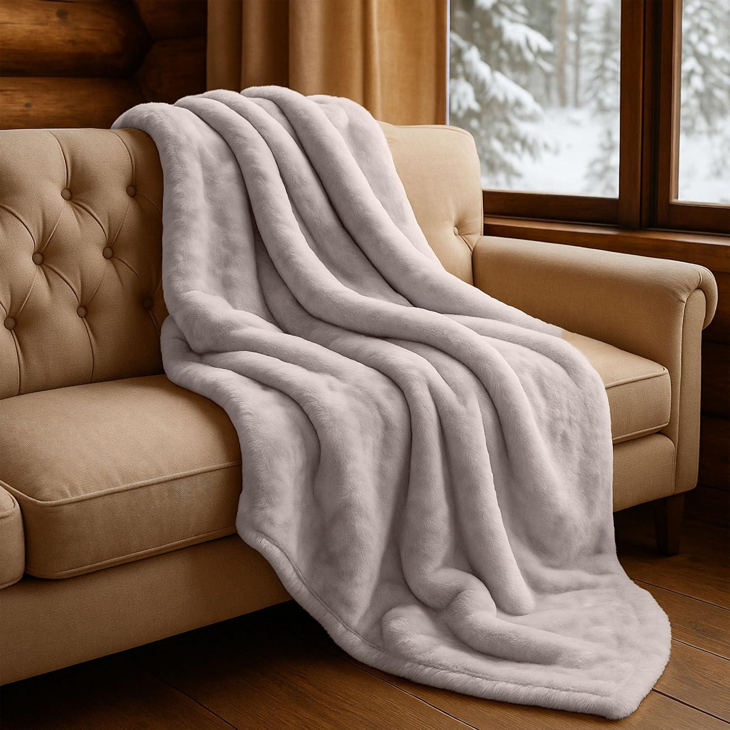 imageBedford Home Faux Fur Throw Blanket Oversized 91x81 MachineWashable Bedding MinkStyle 78lb Heavy Blanket for Bed or Sofa BeigeBeige