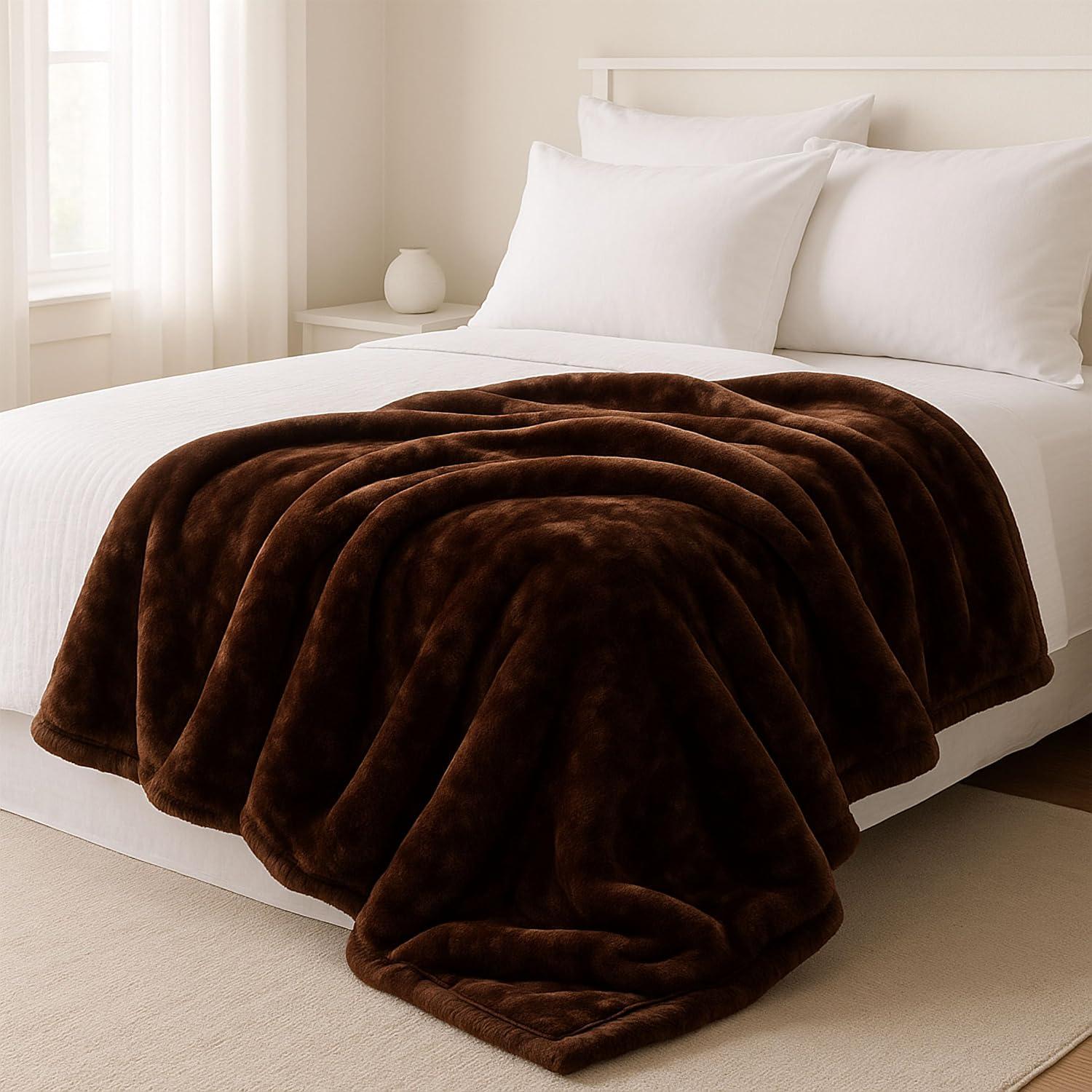imageBedford Home Faux Fur Throw Blanket Oversized 91x81 MachineWashable Bedding MinkStyle 78lb Heavy Blanket for Bed or Sofa BeigeCoffee