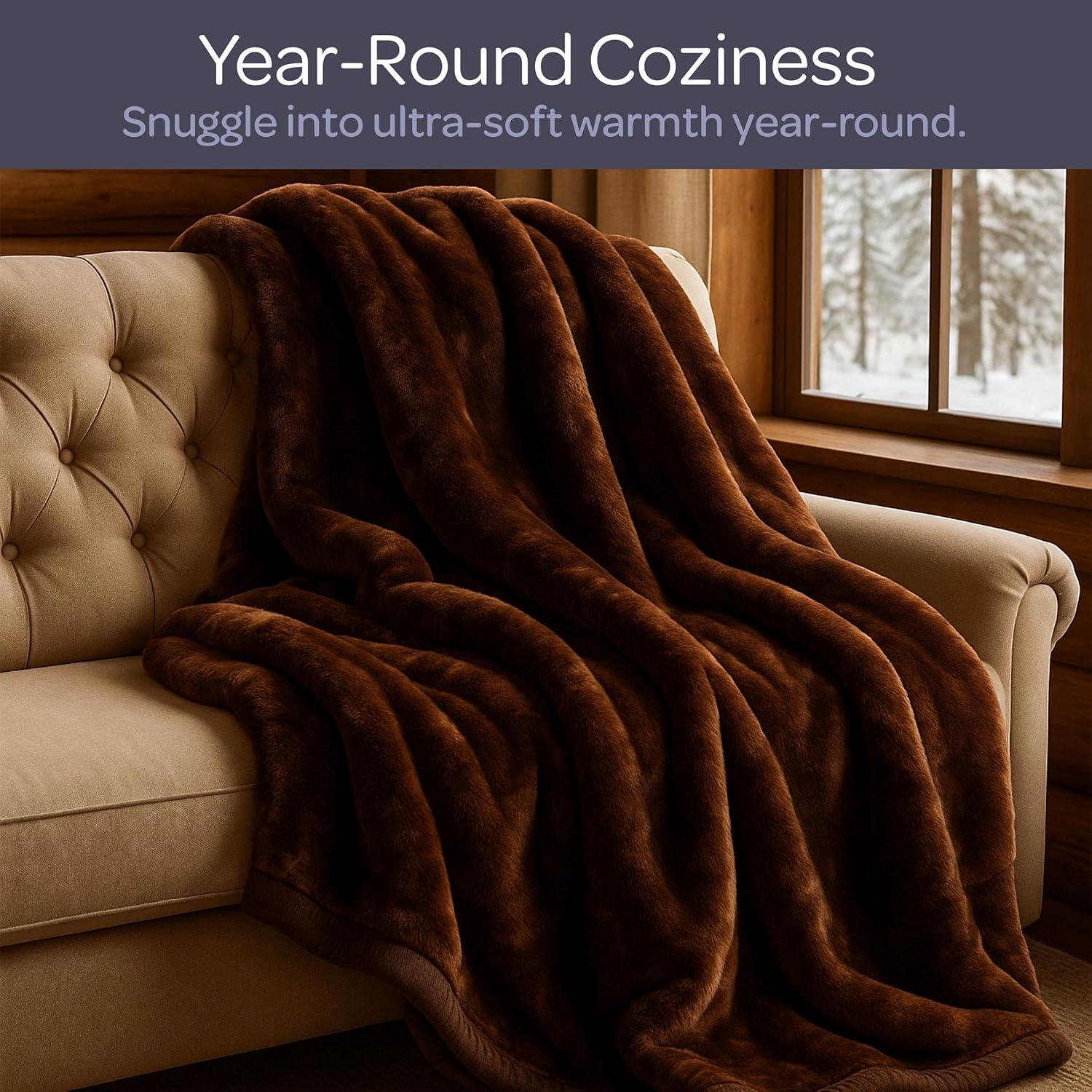 imageBedford Home Faux Fur Throw Blanket Oversized 91x81 MachineWashable Bedding MinkStyle 78lb Heavy Blanket for Bed or Sofa BeigeCoffee