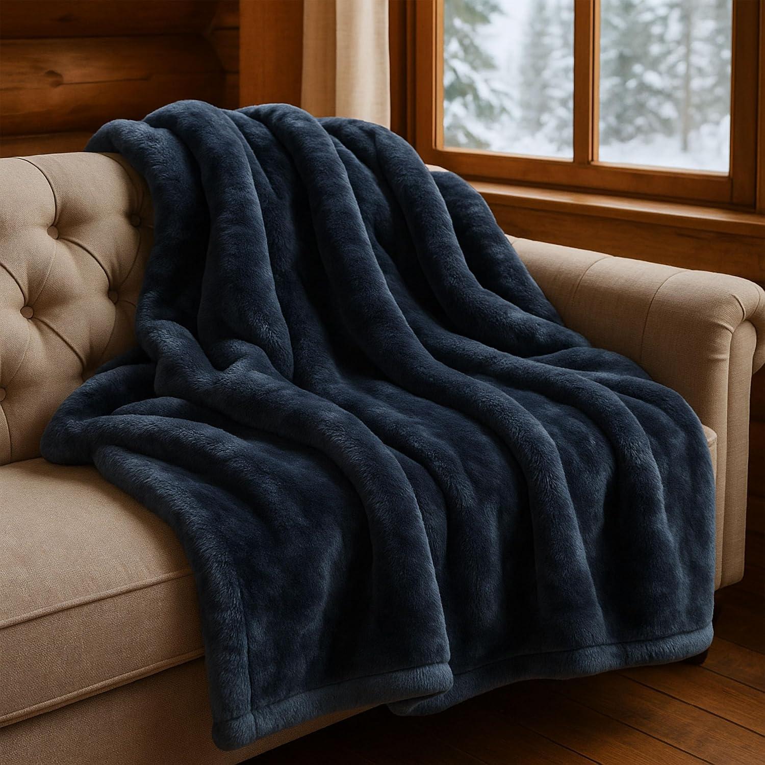 imageBedford Home Faux Fur Throw Blanket Oversized 91x81 MachineWashable Bedding MinkStyle 78lb Heavy Blanket for Bed or Sofa BeigeGray