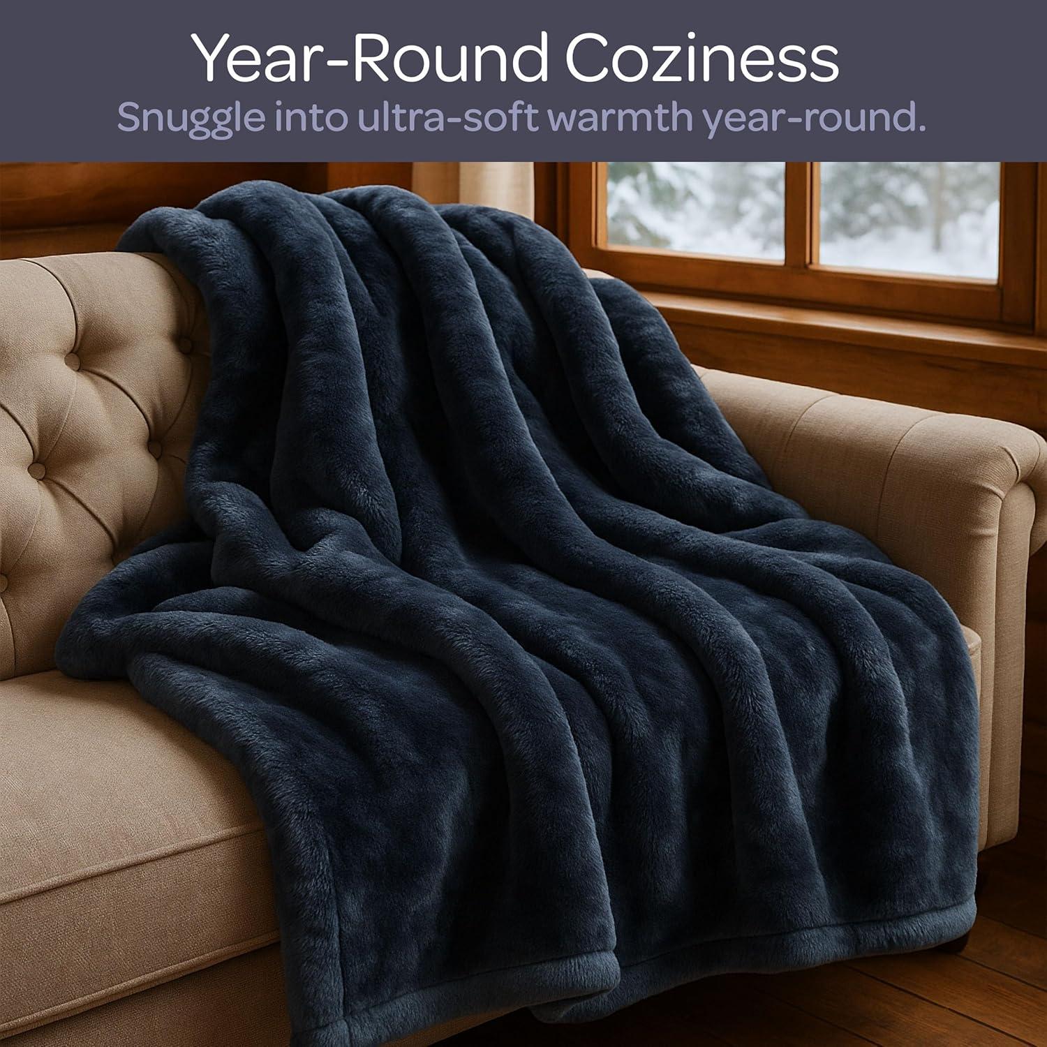 imageBedford Home Faux Fur Throw Blanket Oversized 91x81 MachineWashable Bedding MinkStyle 78lb Heavy Blanket for Bed or Sofa BeigeGray