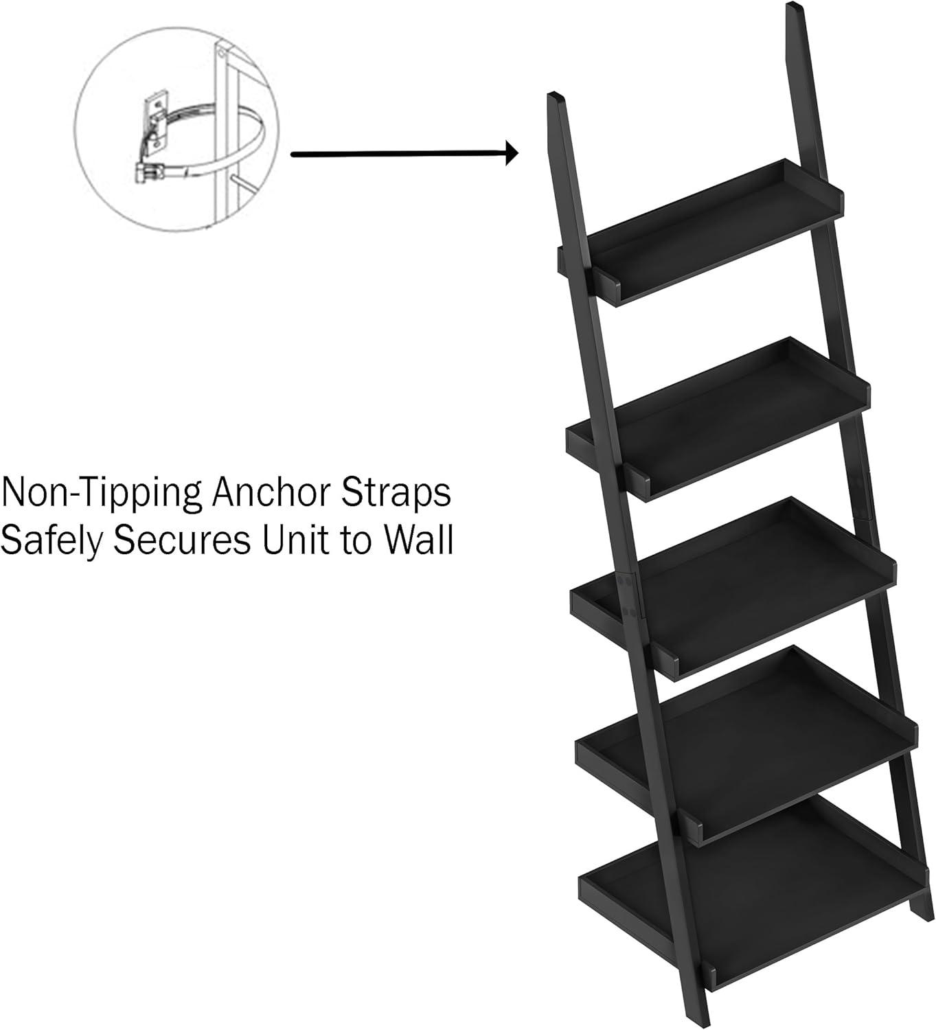 imageBookshelf 5Tier Ladder Shelf with Leaning Look Bookcase for Home Decor and Office Storage Freestanding Book Shelves by Lavish Home BlackBlack