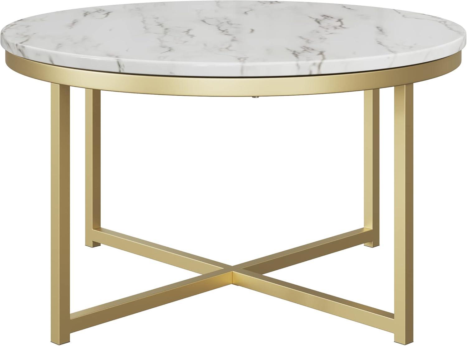 imageCoffee Table with Faux Marble Top Modern Round Accent Table with Metal Crossbeam Base Coffee Tables for Living Room by Lavish Home WhiteGold