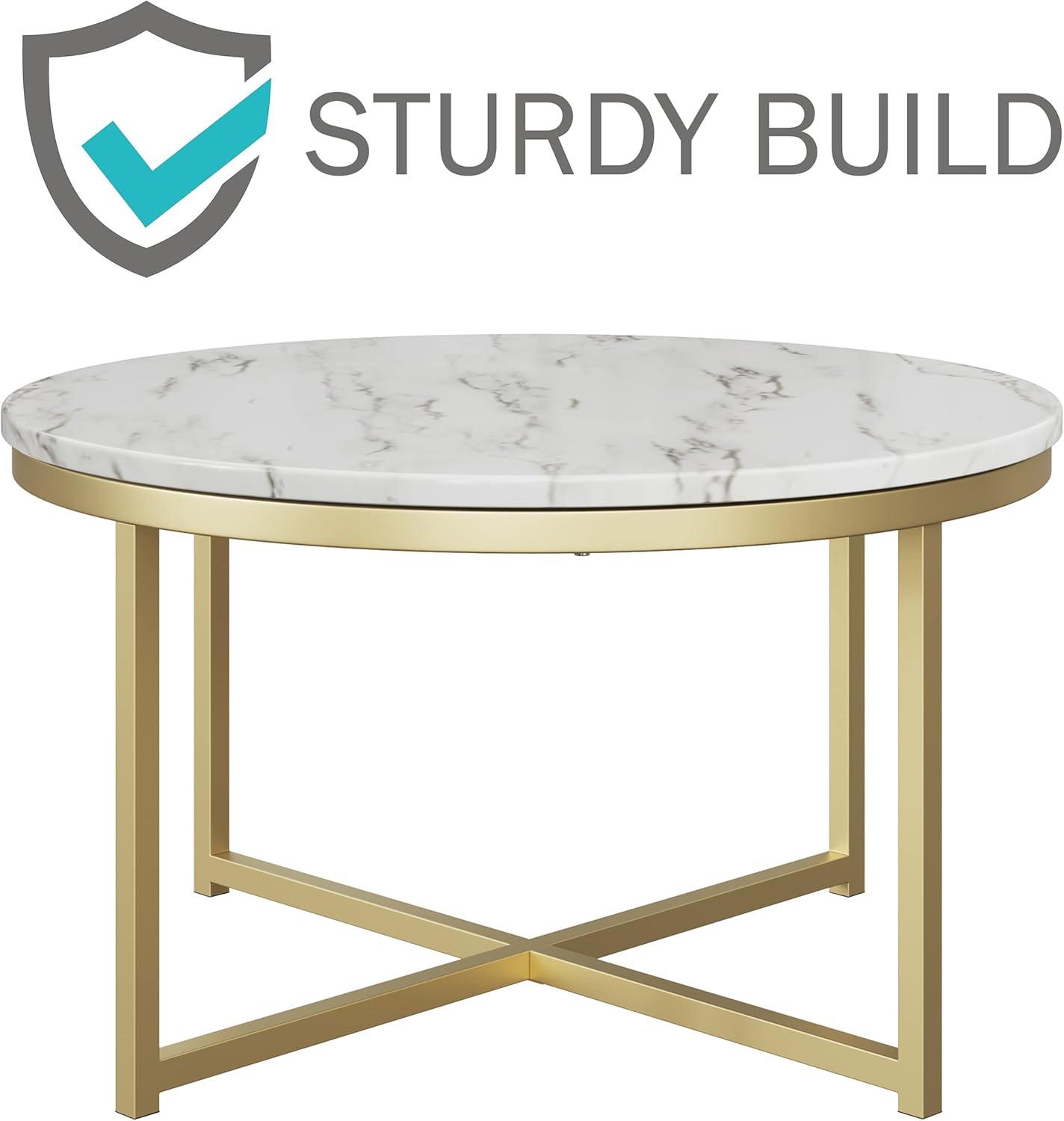 imageCoffee Table with Faux Marble Top Modern Round Accent Table with Metal Crossbeam Base Coffee Tables for Living Room by Lavish Home WhiteGold