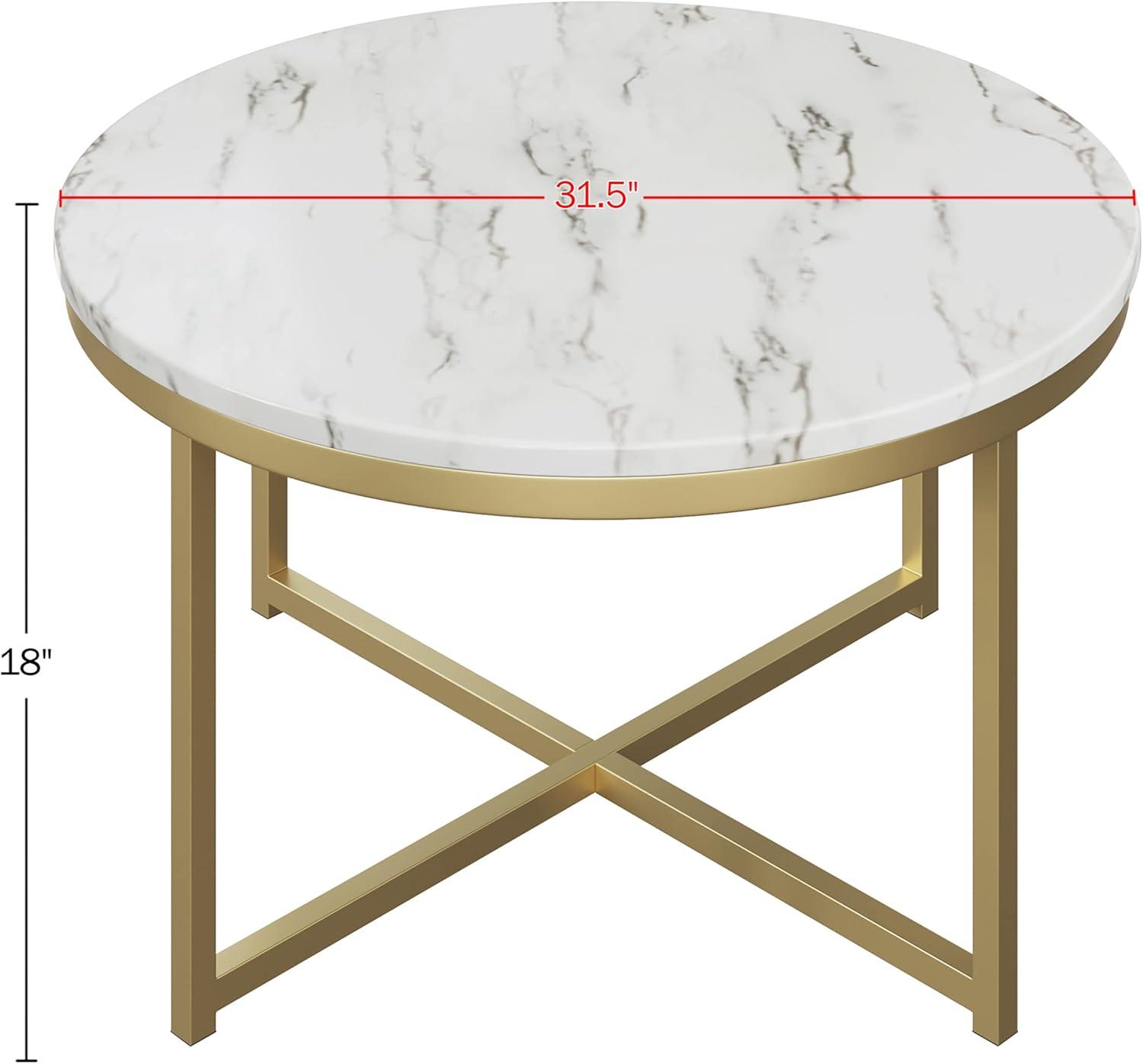 imageCoffee Table with Faux Marble Top Modern Round Accent Table with Metal Crossbeam Base Coffee Tables for Living Room by Lavish Home WhiteGold