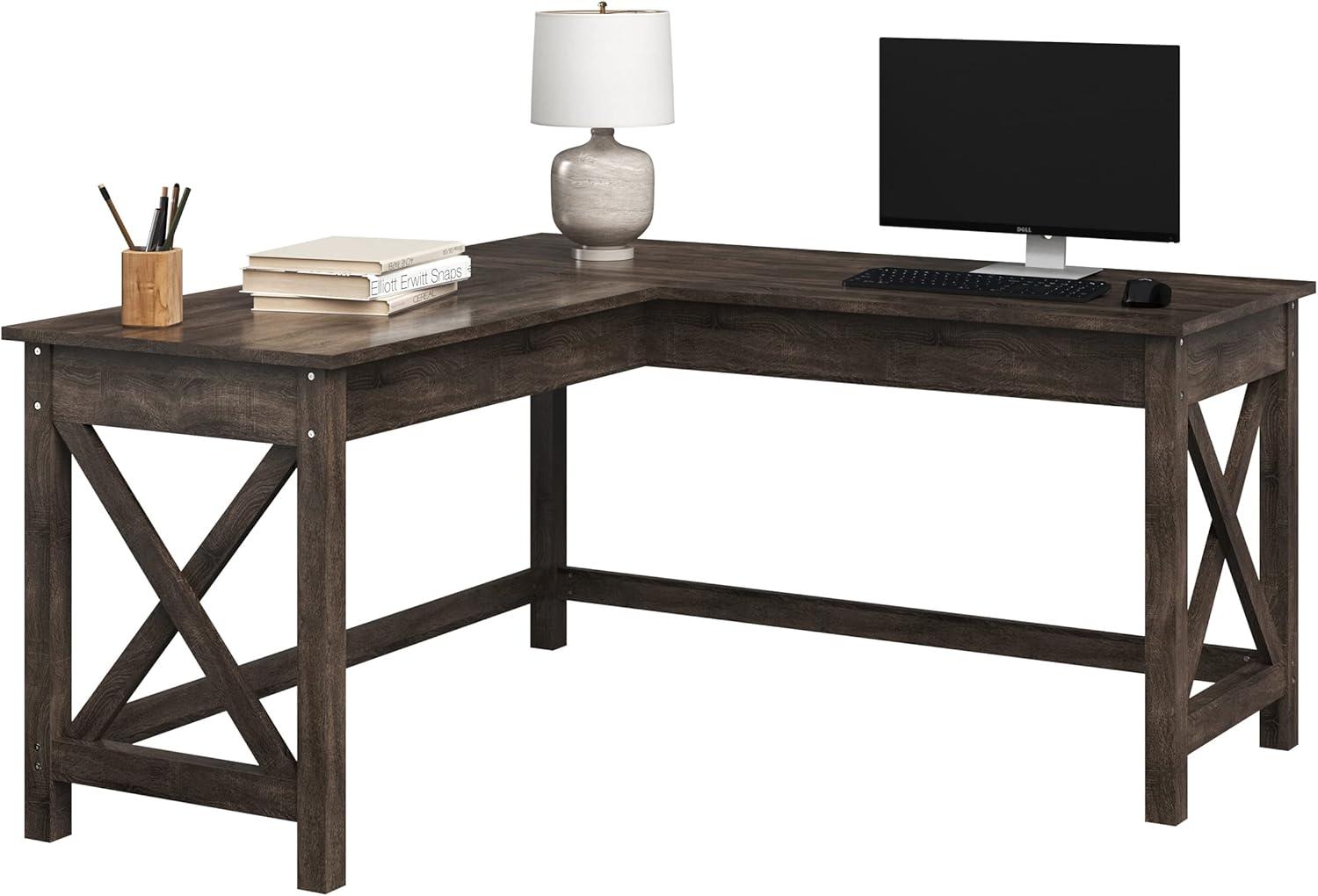 imageComputer Desk LShaped Desk with XPattern Legs For Office Computer or Craft Table Desks for Home Office by Lavish Home WhiteDark Gray
