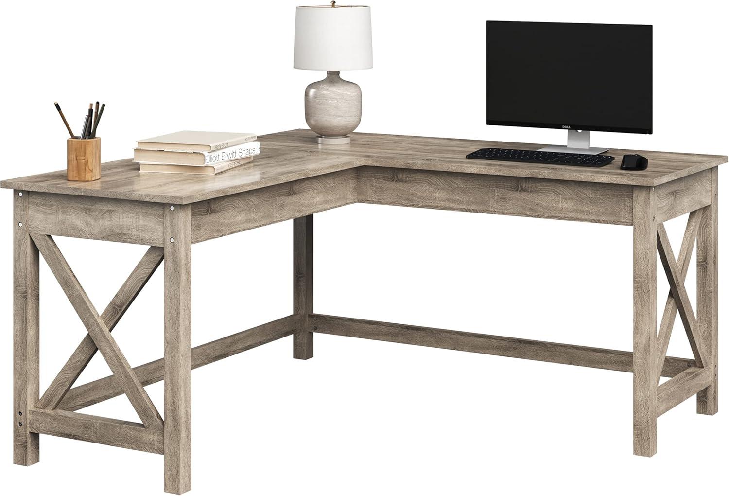 imageComputer Desk LShaped Desk with XPattern Legs For Office Computer or Craft Table Desks for Home Office by Lavish Home WhiteLight Gray