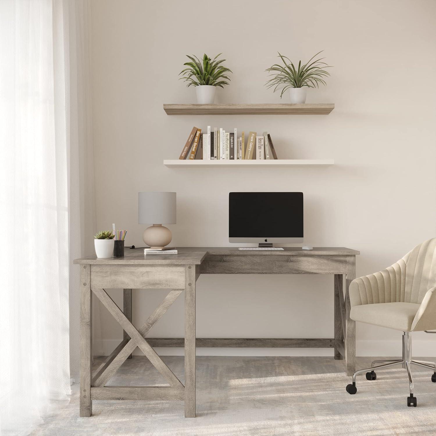 imageComputer Desk LShaped Desk with XPattern Legs For Office Computer or Craft Table Desks for Home Office by Lavish Home WhiteLight Gray