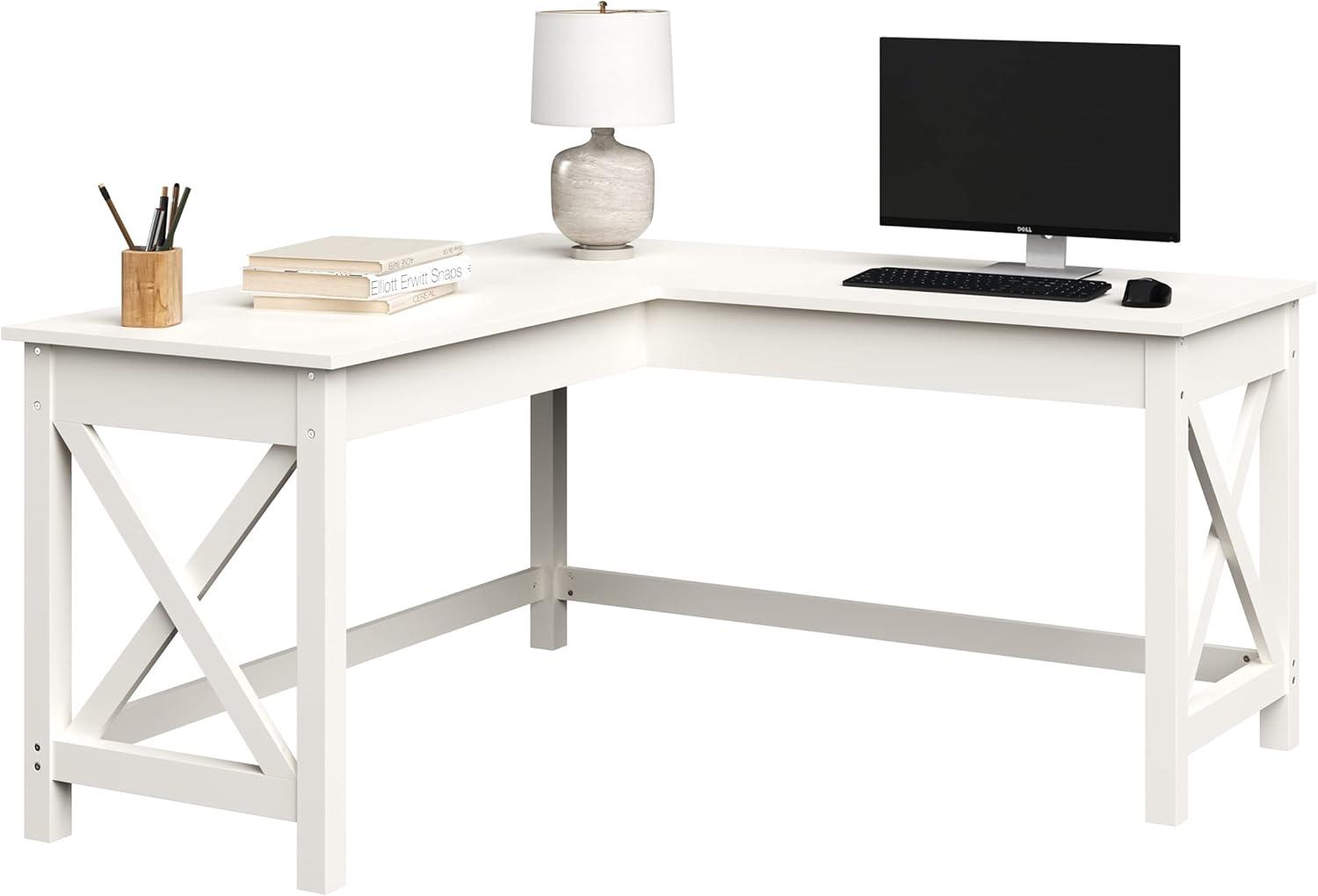 imageComputer Desk LShaped Desk with XPattern Legs For Office Computer or Craft Table Desks for Home Office by Lavish Home WhiteWhite