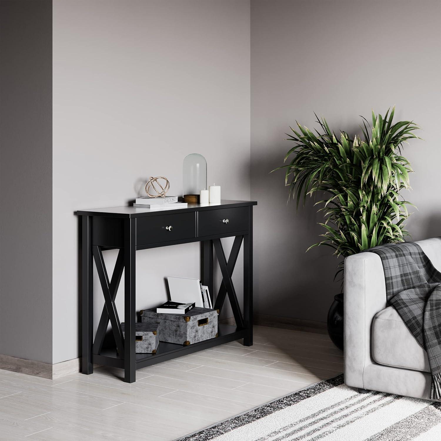 imageConsole Table with Two Drawers 2Tier Entryway Table with Storage Shelf and Sturdy XBraced Legs for Living Room or Hallway by Lavish Home Black