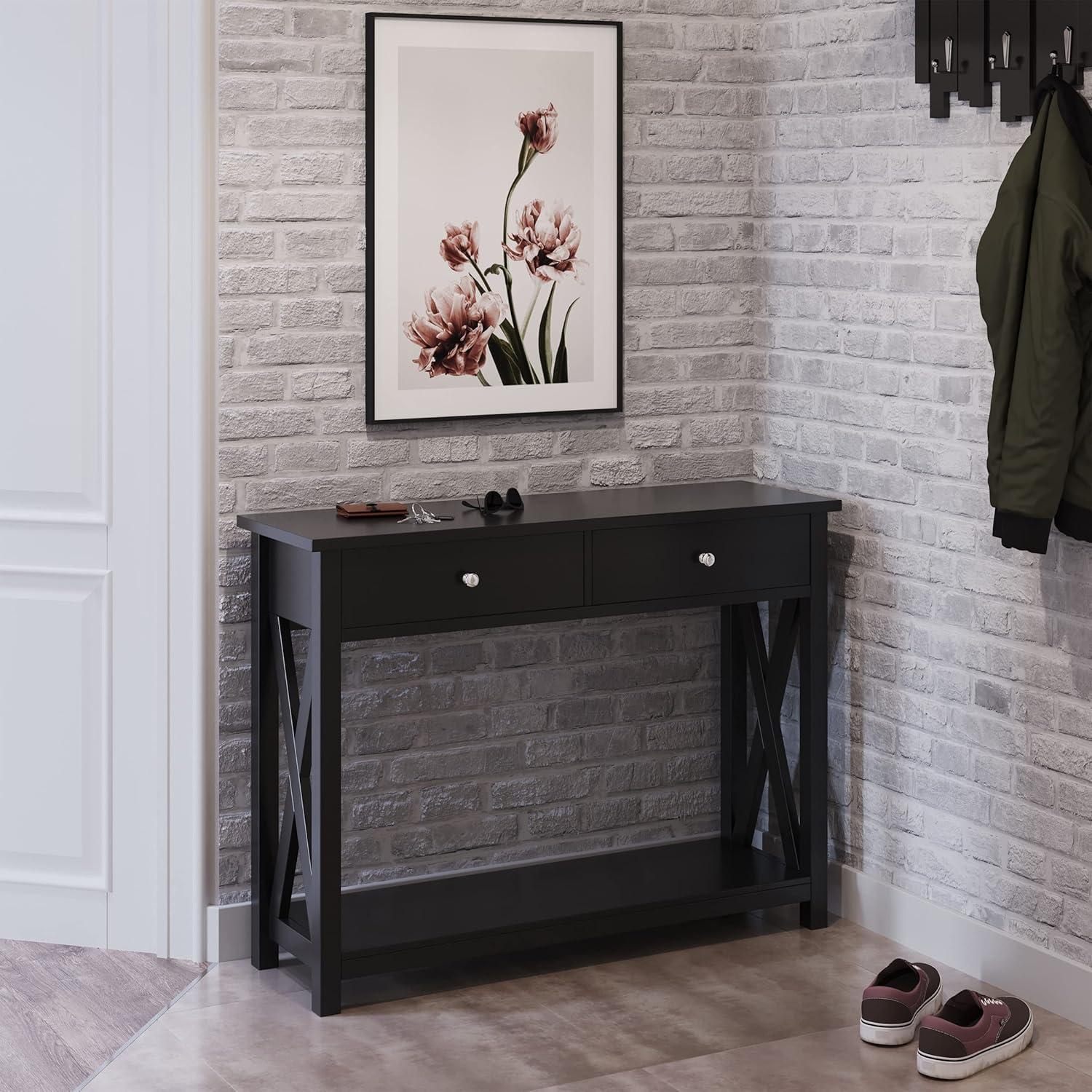 imageConsole Table with Two Drawers 2Tier Entryway Table with Storage Shelf and Sturdy XBraced Legs for Living Room or Hallway by Lavish Home Black
