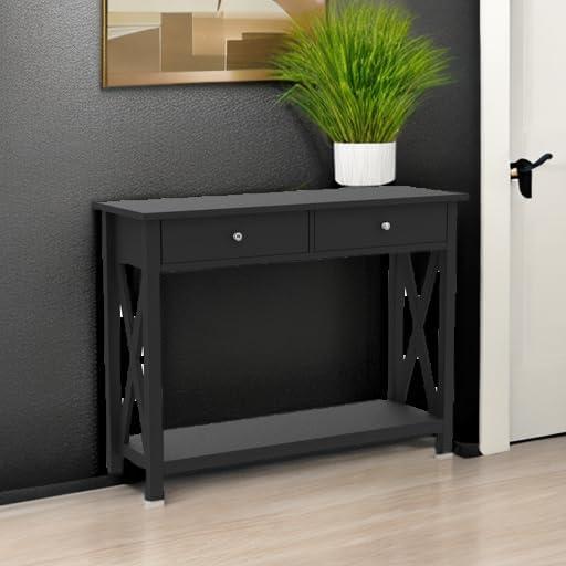 imageConsole Table with Two Drawers 2Tier Entryway Table with Storage Shelf and Sturdy XBraced Legs for Living Room or Hallway by Lavish Home Black