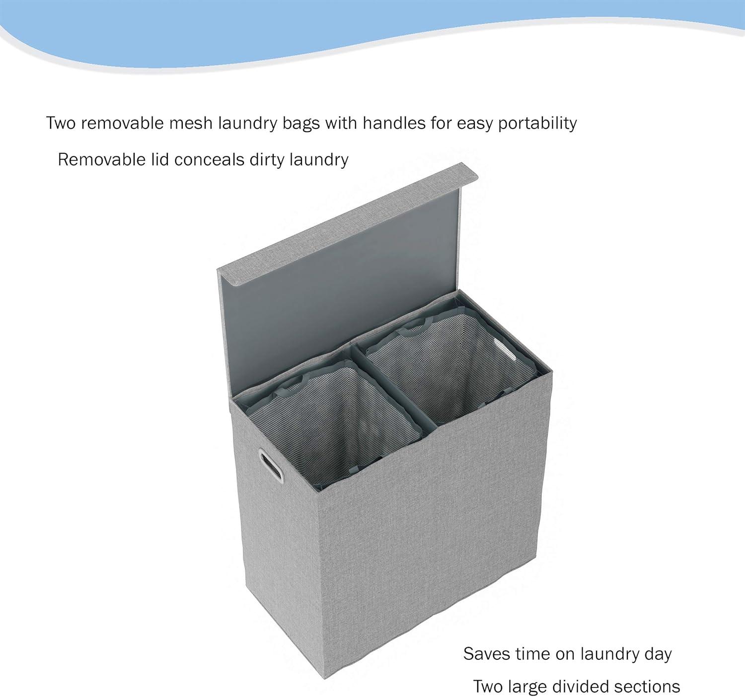 imageDouble Laundry Basket with Lid TwoSided Clothes Hamper with Removable Mesh Liner Bags Collapsible Clothing Organizer by Lavish Home Gray