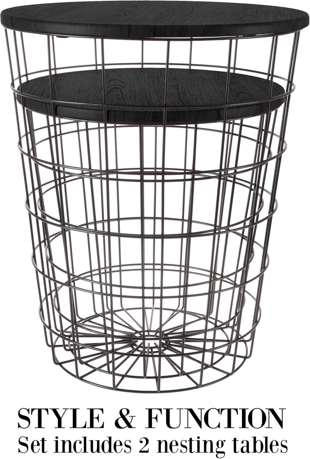 imageEnd Tables Set of 2 Nesting Tables with Removable Wood Tops and Metal Basket Bases for Blanket Storage Round Side Pieces for Living Room Bedroom or Home Office by Lavish Home BlackBlack