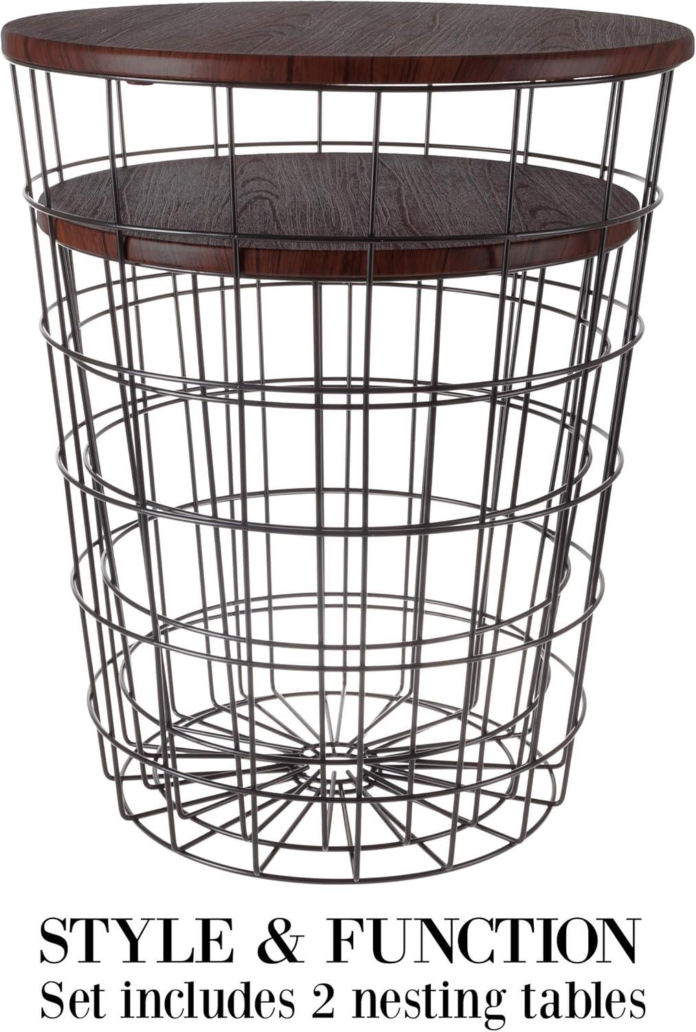imageEnd Tables Set of 2 Nesting Tables with Removable Wood Tops and Metal Basket Bases for Blanket Storage Round Side Pieces for Living Room Bedroom or Home Office by Lavish Home BlackCherry