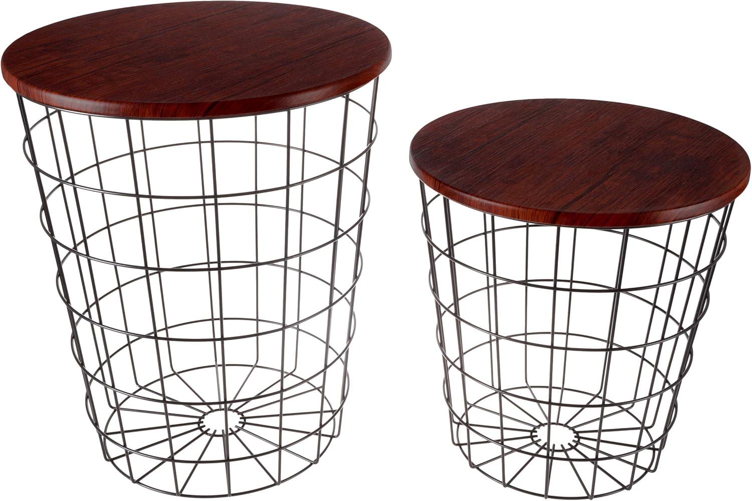 imageEnd Tables Set of 2 Nesting Tables with Removable Wood Tops and Metal Basket Bases for Blanket Storage Round Side Pieces for Living Room Bedroom or Home Office by Lavish Home BlackCherry