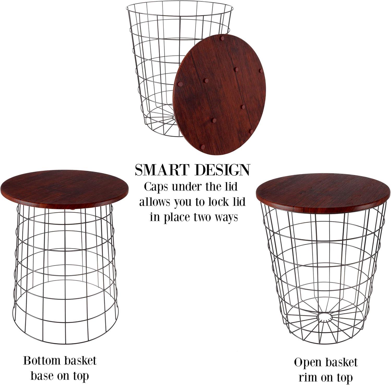 imageEnd Tables Set of 2 Nesting Tables with Removable Wood Tops and Metal Basket Bases for Blanket Storage Round Side Pieces for Living Room Bedroom or Home Office by Lavish Home BlackCherry