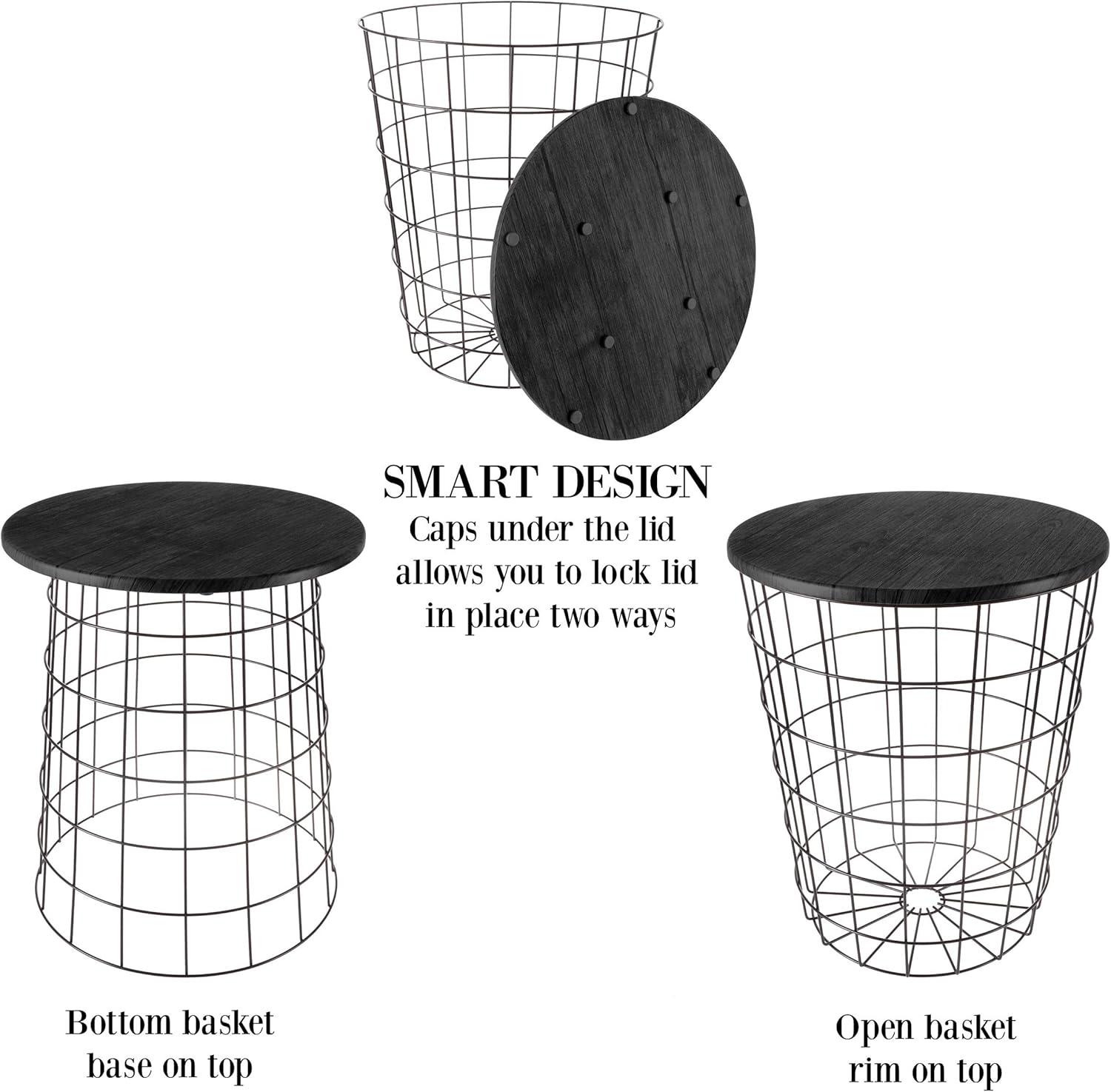 imageEnd Tables Set of 2 Nesting Tables with Removable Wood Tops and Metal Basket Bases for Blanket Storage Round Side Pieces for Living Room Bedroom or Home Office by Lavish Home BlackBlack