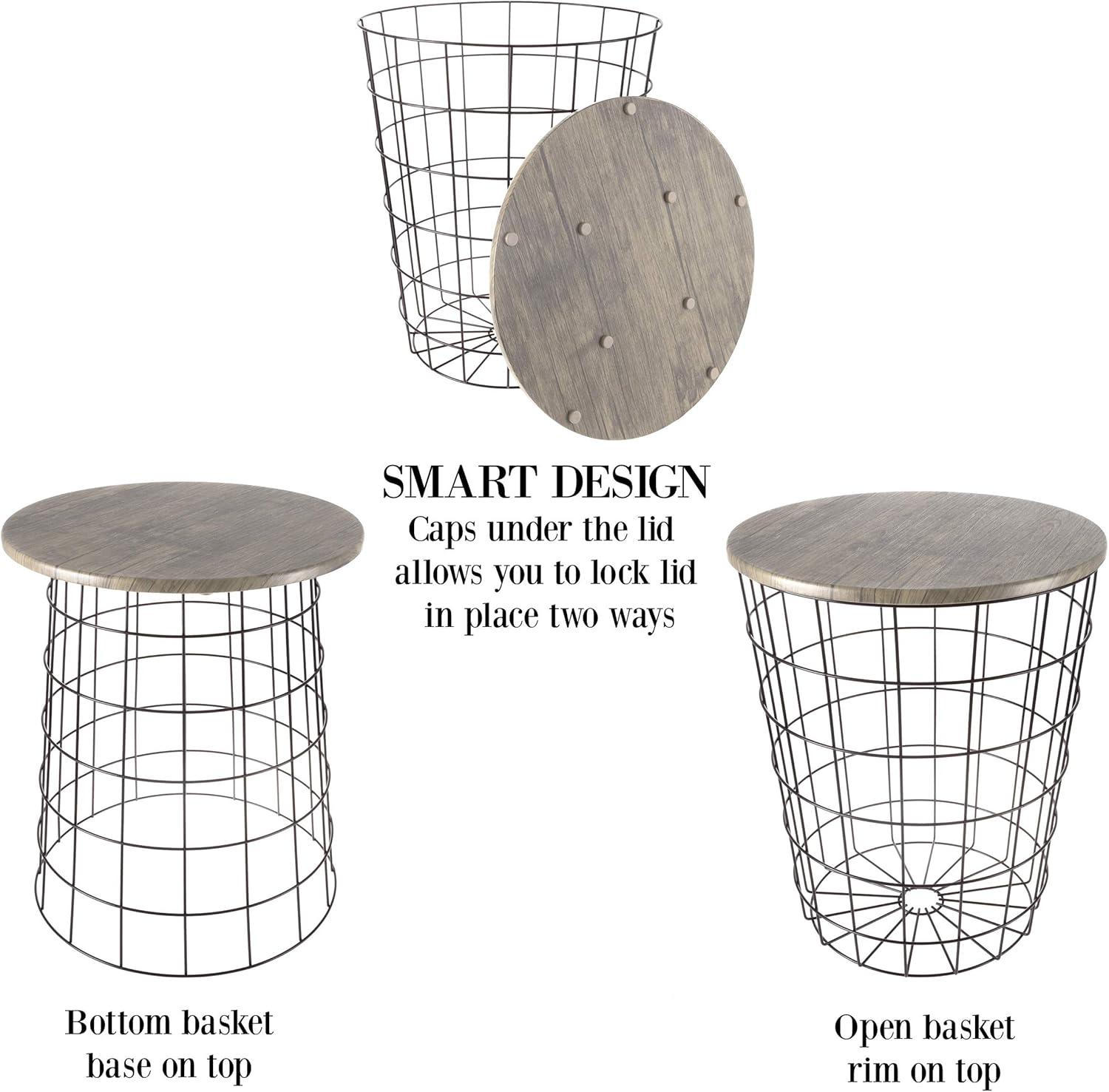 imageEnd Tables Set of 2 Nesting Tables with Removable Wood Tops and Metal Basket Bases for Blanket Storage Round Side Pieces for Living Room Bedroom or Home Office by Lavish Home BlackGrey