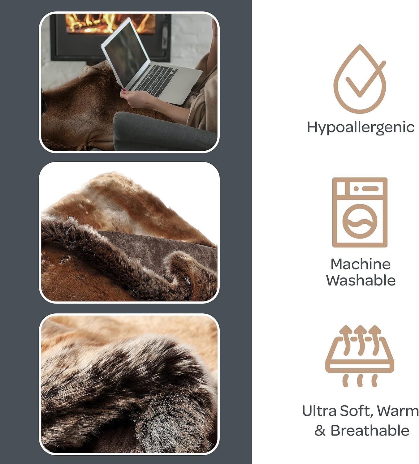 imageFaux Fur Throw Luxurious Soft Hypoallergenic Premium Fashion Faux Wolf Fur Blanket with Faux Mink Back and Gift Box 60x70 by BH Pearl WhiteBrown