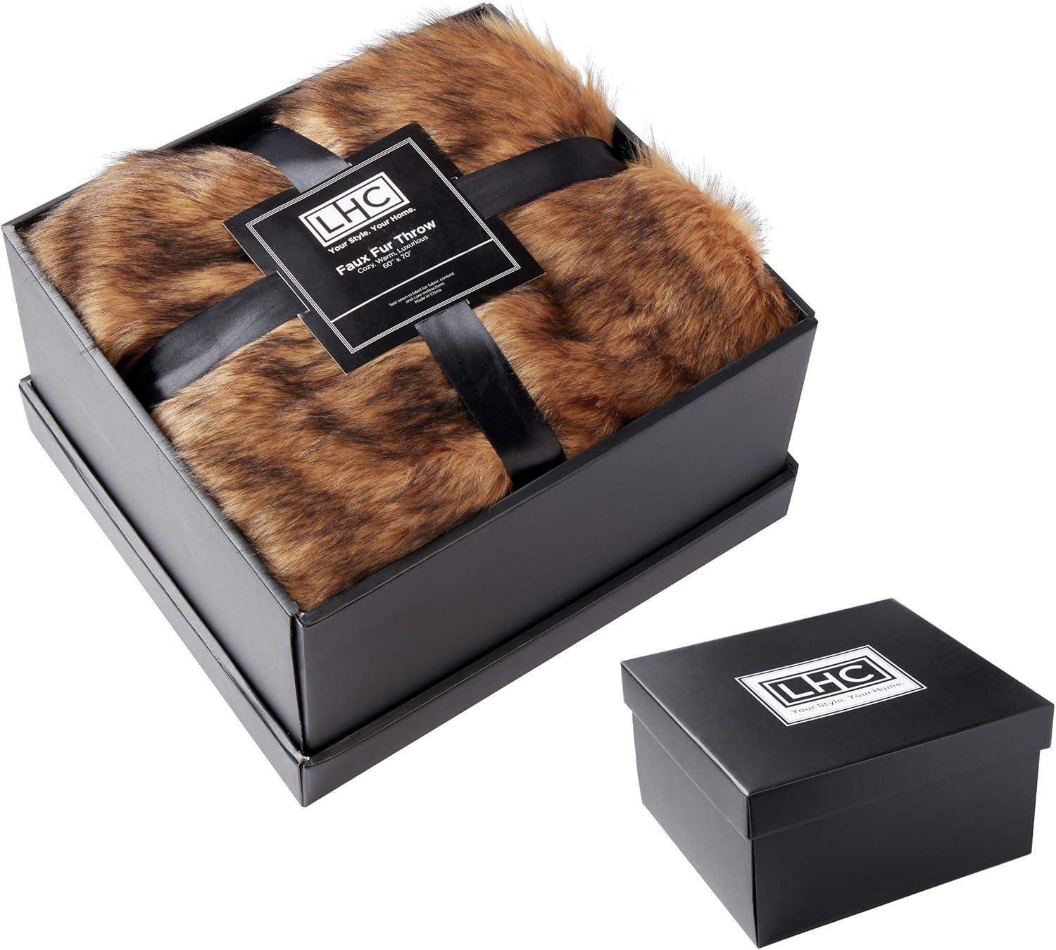 imageFaux Fur Throw Luxurious Soft Hypoallergenic Premium Fashion Faux Wolf Fur Blanket with Faux Mink Back and Gift Box 60x70 by BH Pearl WhiteCaramel Brown