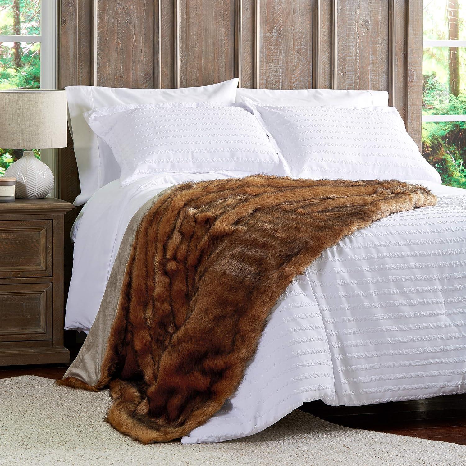 imageFaux Fur Throw Luxurious Soft Hypoallergenic Premium Fashion Faux Wolf Fur Blanket with Faux Mink Back and Gift Box 60x70 by BH Pearl WhiteCaramel Brown
