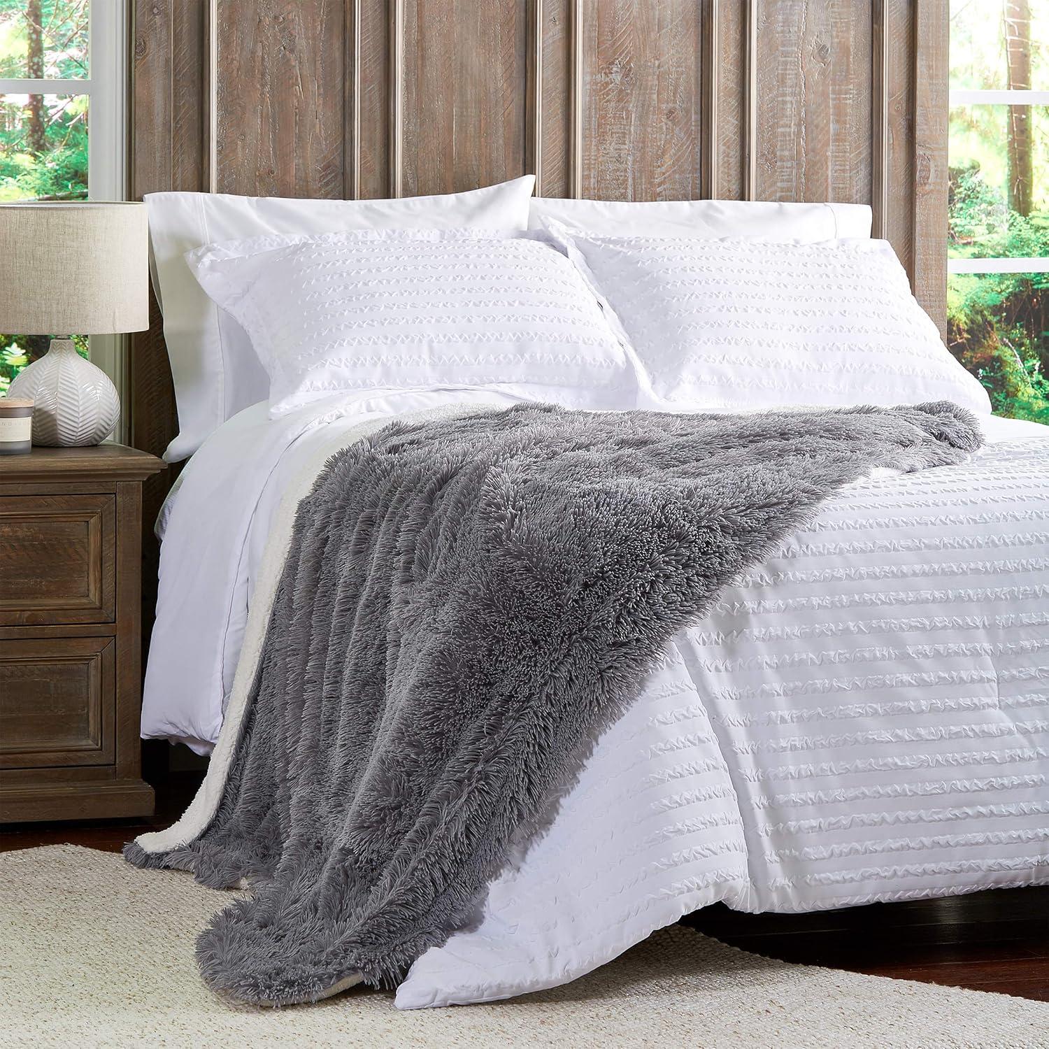 imageFaux Fur Throw Luxurious Soft Hypoallergenic Premium Fashion Faux Wolf Fur Blanket with Faux Mink Back and Gift Box 60x70 by BH Pearl WhiteGray and Cream