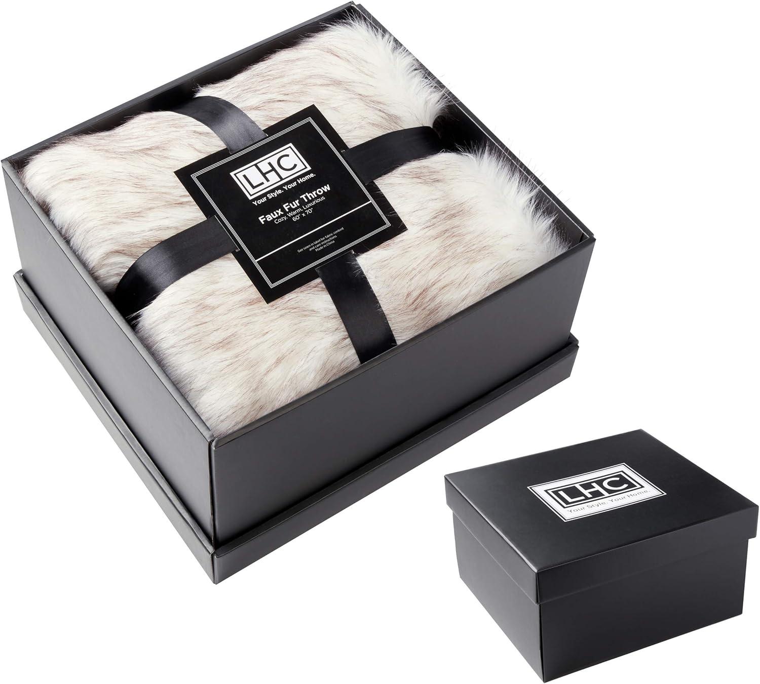 imageFaux Fur Throw Luxurious Soft Hypoallergenic Premium Fashion Faux Wolf Fur Blanket with Faux Mink Back and Gift Box 60x70 by BH Pearl WhitePearl White