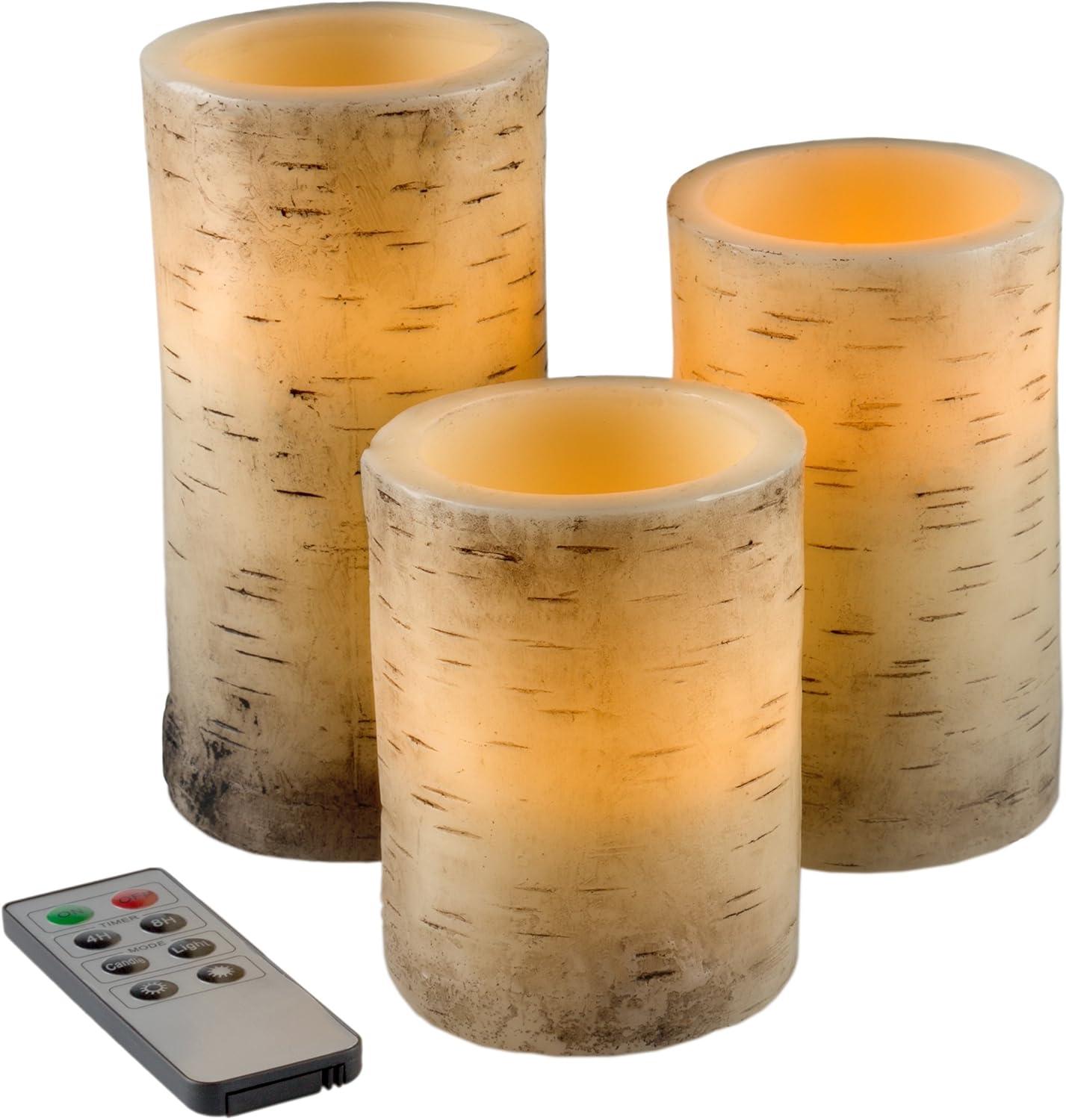imageFlameless Candles 3Pack Faux Birch Bark Battery Operated LED Candles with Remote and Flickering Light for Home Dcor by Lavish Home