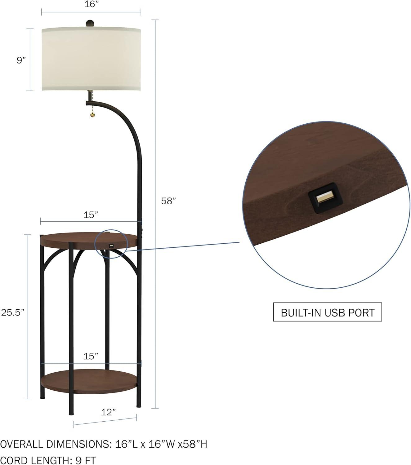imageFloor Lamp with End Table Modern Rustic Side Shelves with USB Charging Port LED Light Bulb and DrumShaped Shade Standing Lights by Lavish Home