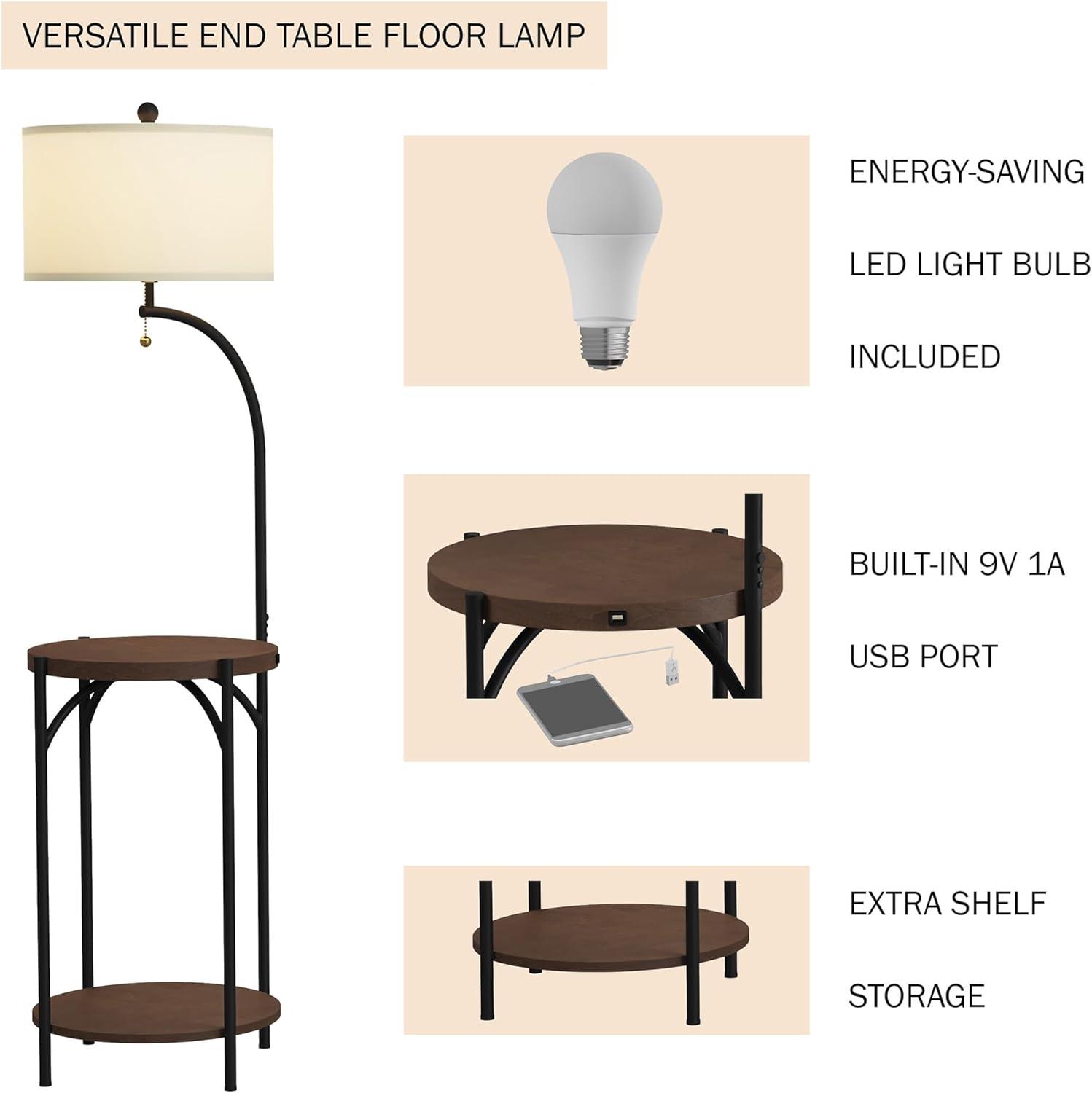 imageFloor Lamp with End Table Modern Rustic Side Shelves with USB Charging Port LED Light Bulb and DrumShaped Shade Standing Lights by Lavish Home