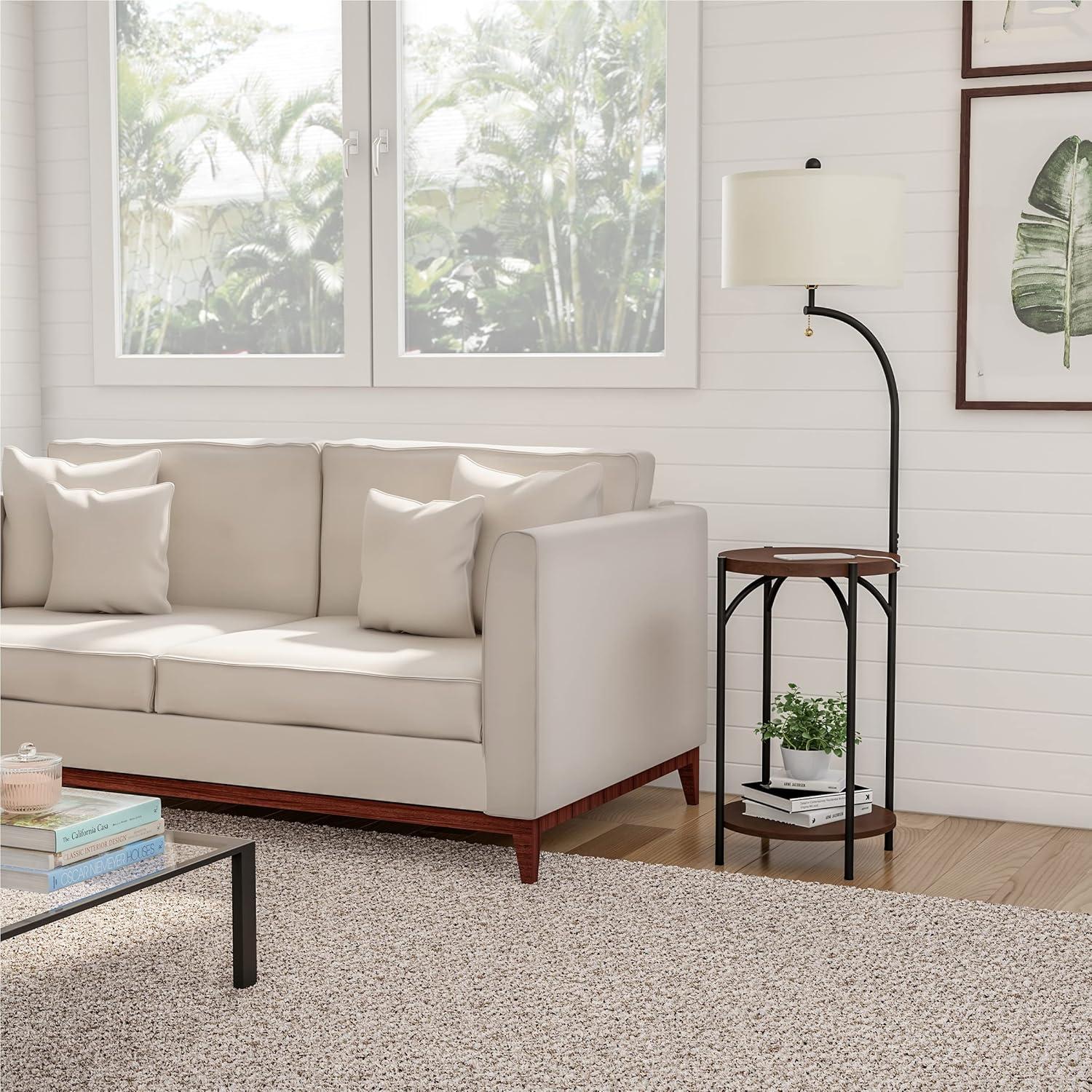 imageFloor Lamp with End Table Modern Rustic Side Shelves with USB Charging Port LED Light Bulb and DrumShaped Shade Standing Lights by Lavish Home