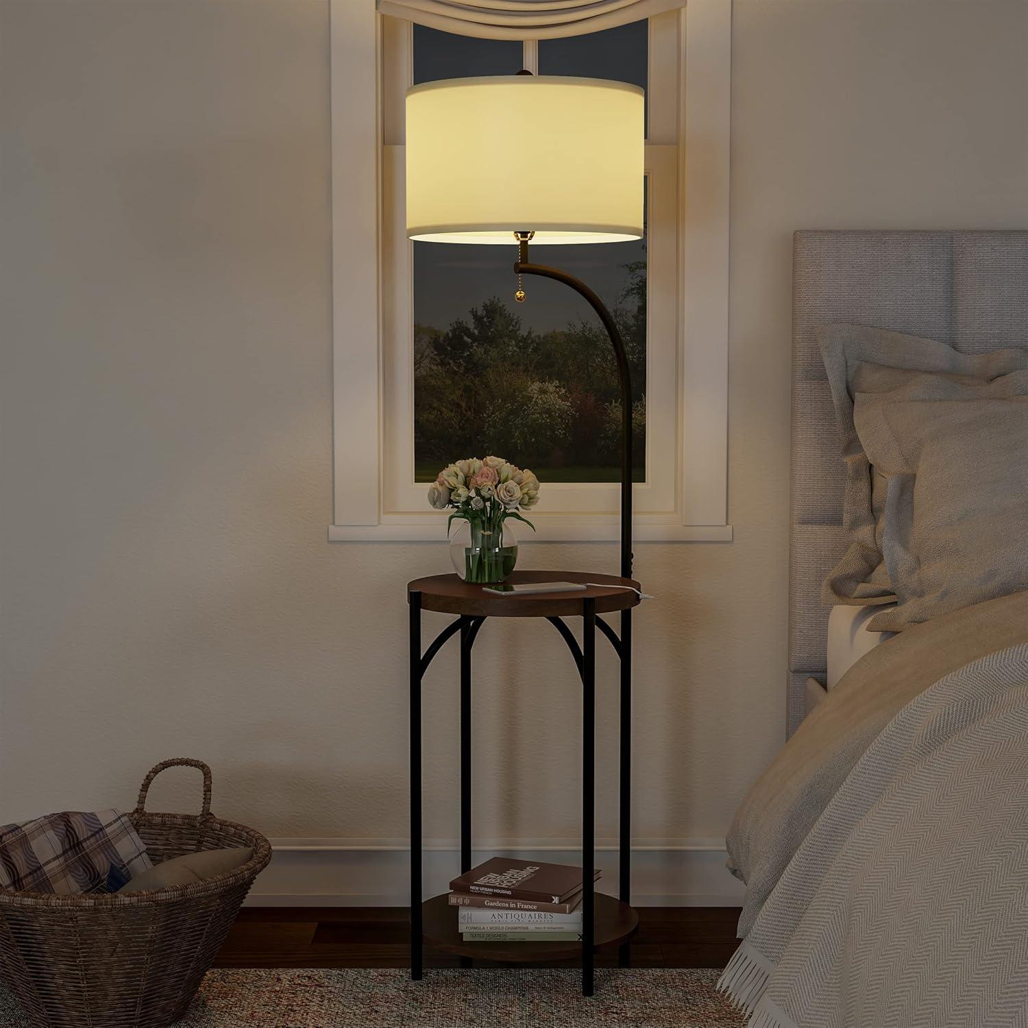 imageFloor Lamp with End Table Modern Rustic Side Shelves with USB Charging Port LED Light Bulb and DrumShaped Shade Standing Lights by Lavish Home