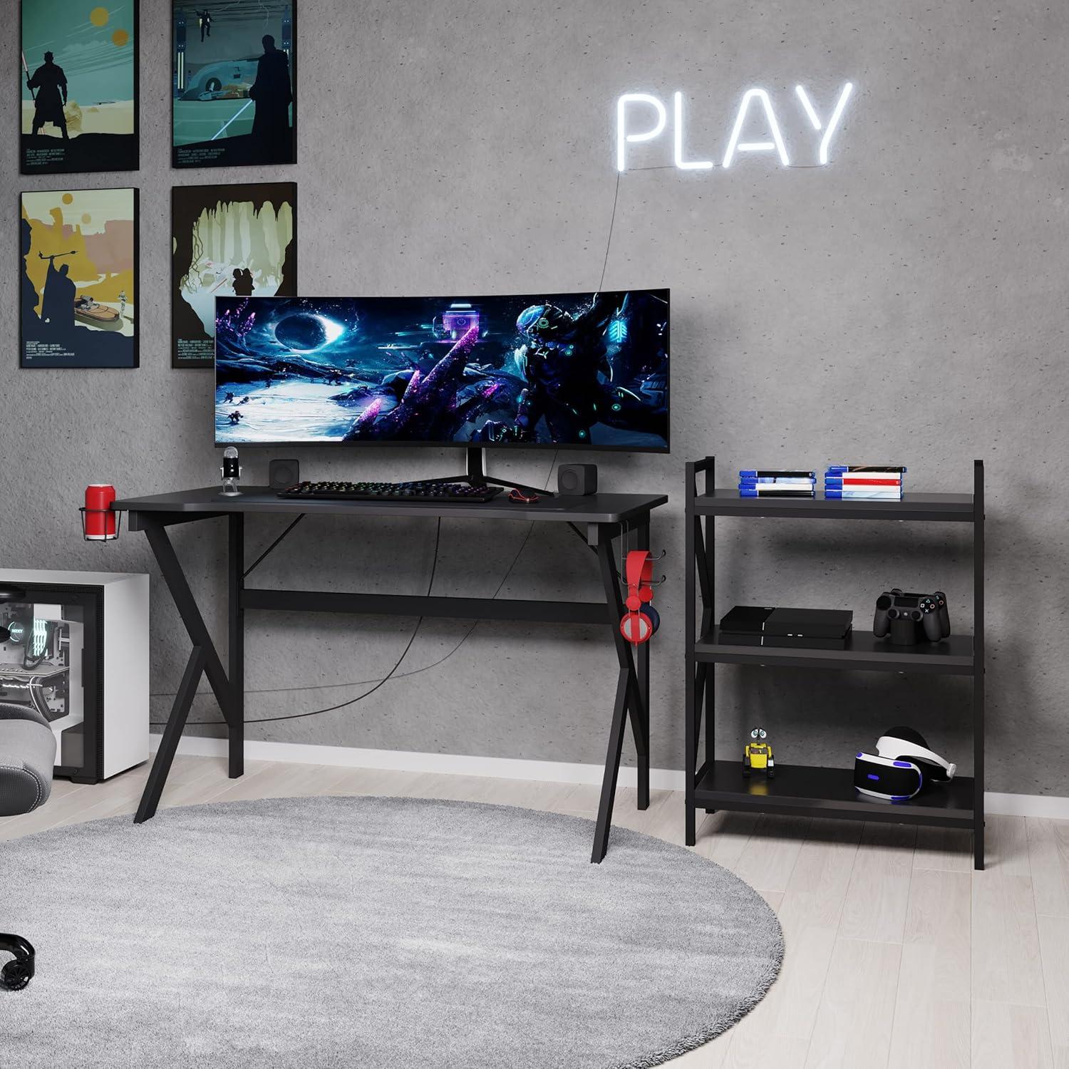 imageGaming Computer Desk Carbon Fiber Texture Finish PC Desk with Cup Holder Headphones Hanger K Shaped Legs Cable Management by Lavish Home BlackGaming Shelf