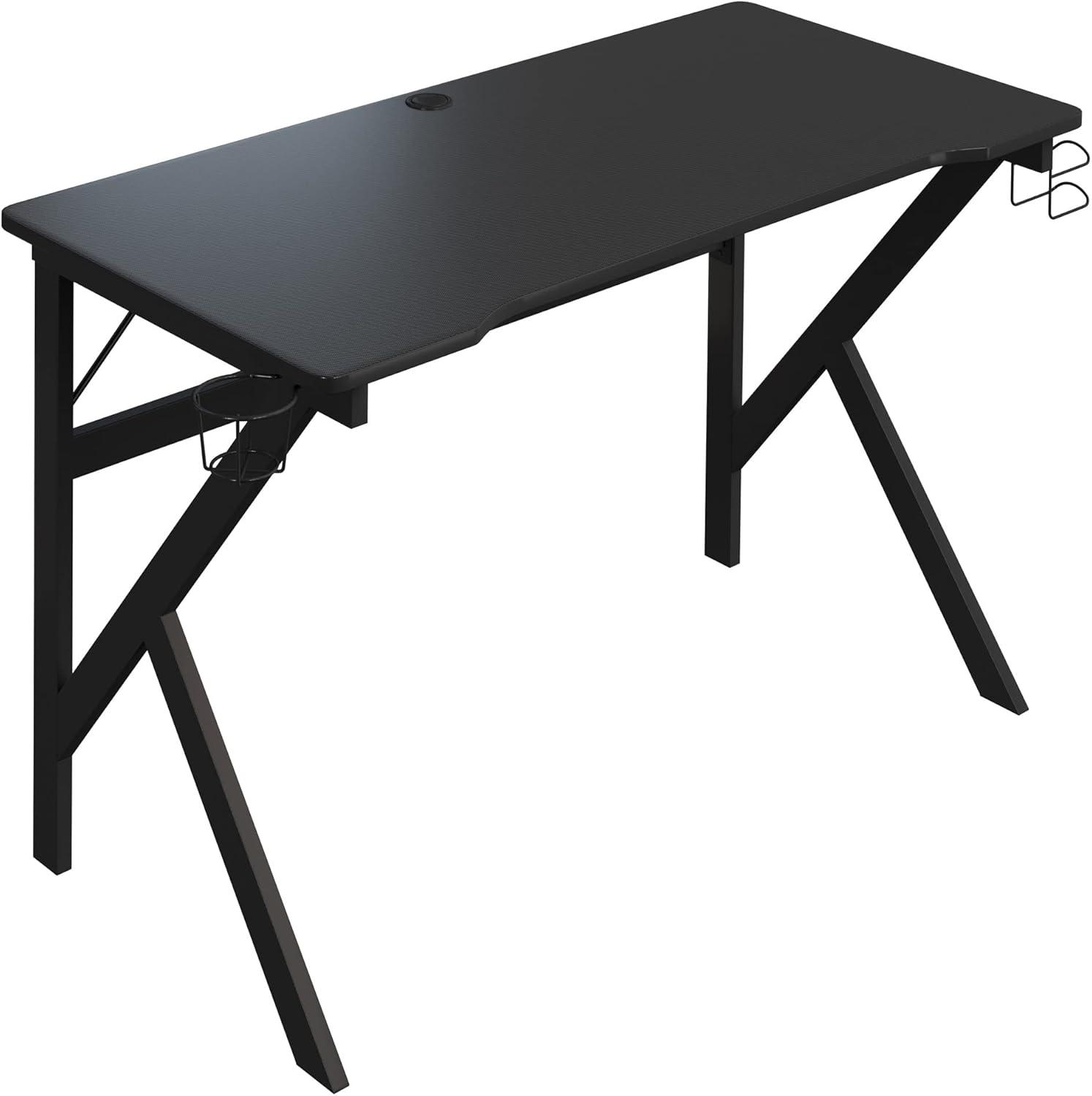 imageGaming Computer Desk Carbon Fiber Texture Finish PC Desk with Cup Holder Headphones Hanger K Shaped Legs Cable Management by Lavish Home BlackGaming Desk