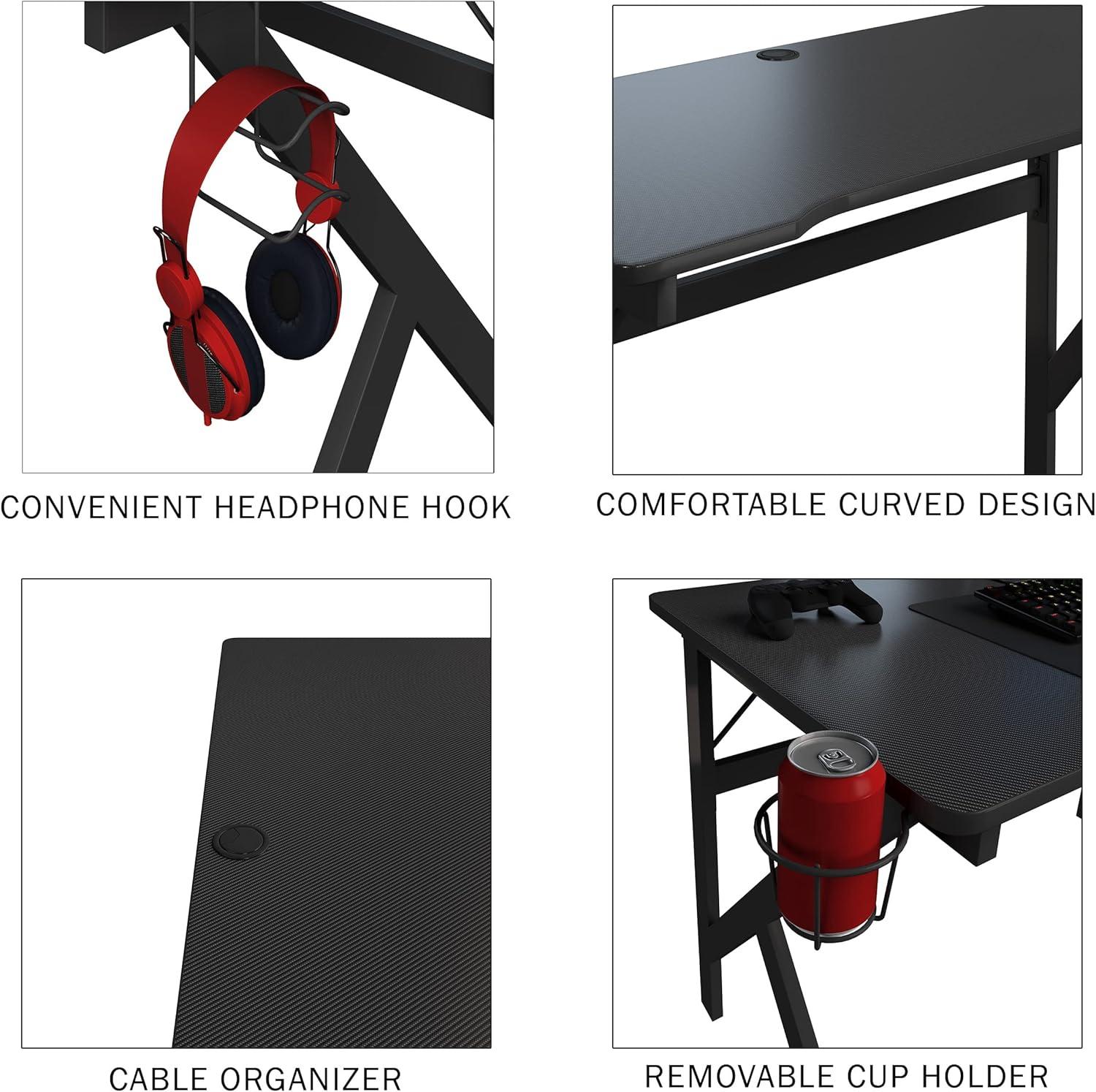 imageGaming Computer Desk Carbon Fiber Texture Finish PC Desk with Cup Holder Headphones Hanger K Shaped Legs Cable Management by Lavish Home BlackGaming Desk