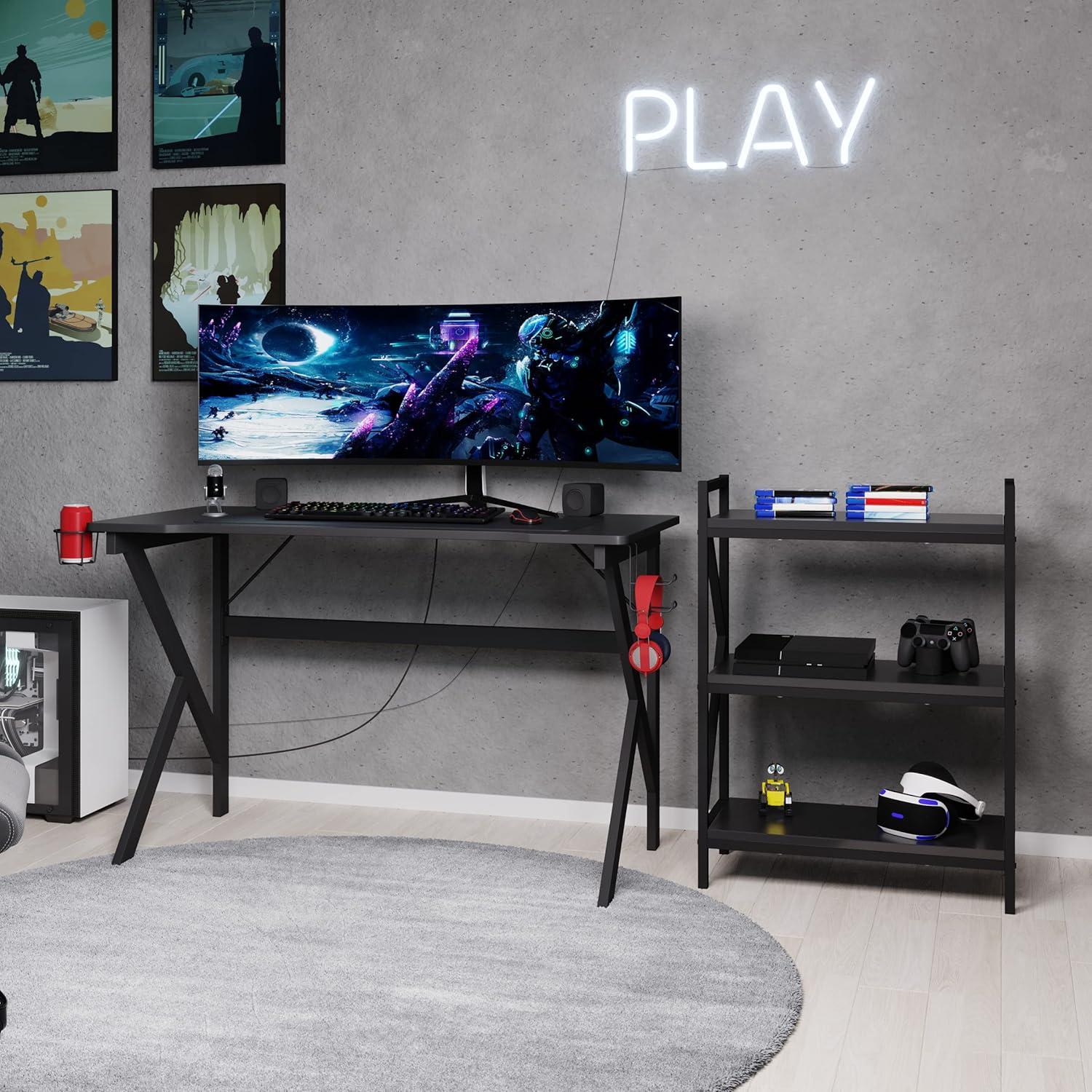 imageGaming Computer Desk Carbon Fiber Texture Finish PC Desk with Cup Holder Headphones Hanger K Shaped Legs Cable Management by Lavish Home BlackGaming Desk