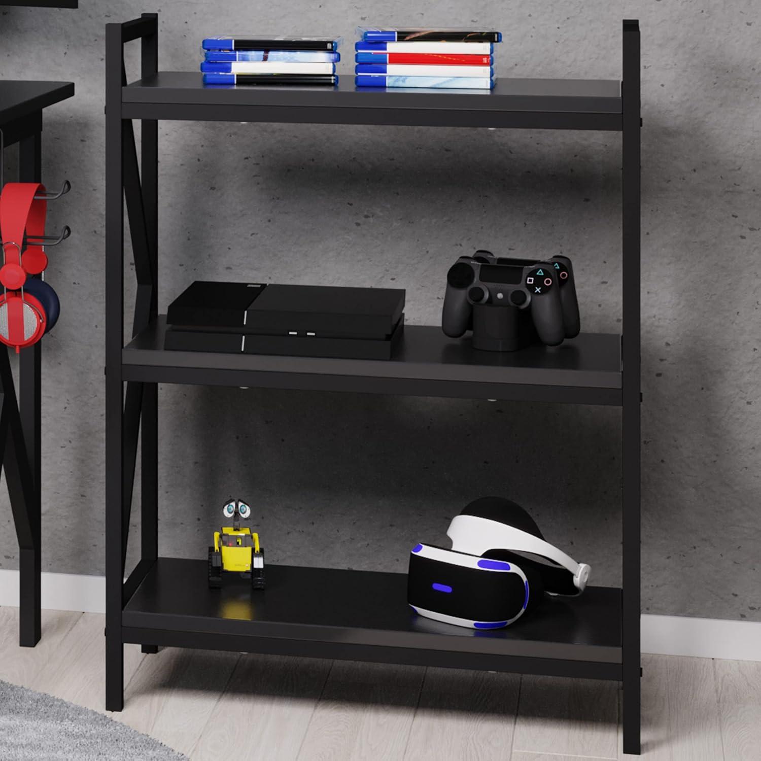 imageGaming Computer Desk Carbon Fiber Texture Finish PC Desk with Cup Holder Headphones Hanger K Shaped Legs Cable Management by Lavish Home BlackGaming Shelf