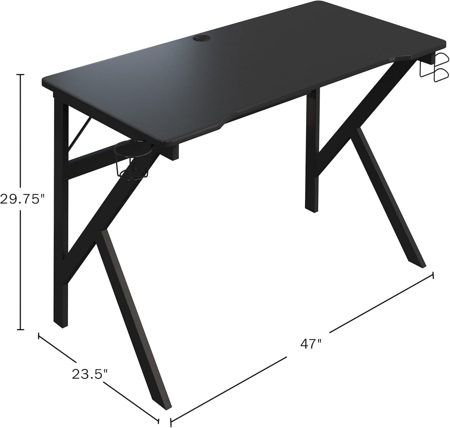 imageGaming Computer Desk Carbon Fiber Texture Finish PC Desk with Cup Holder Headphones Hanger K Shaped Legs Cable Management by Lavish Home BlackGaming Desk