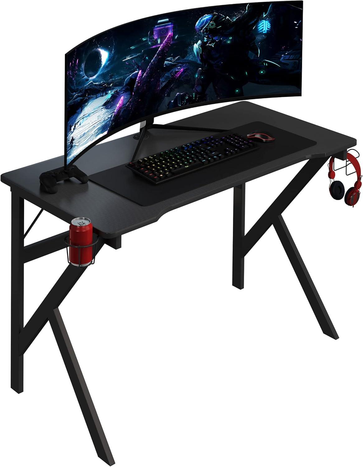 imageGaming Computer Desk Carbon Fiber Texture Finish PC Desk with Cup Holder Headphones Hanger K Shaped Legs Cable Management by Lavish Home BlackGaming Desk