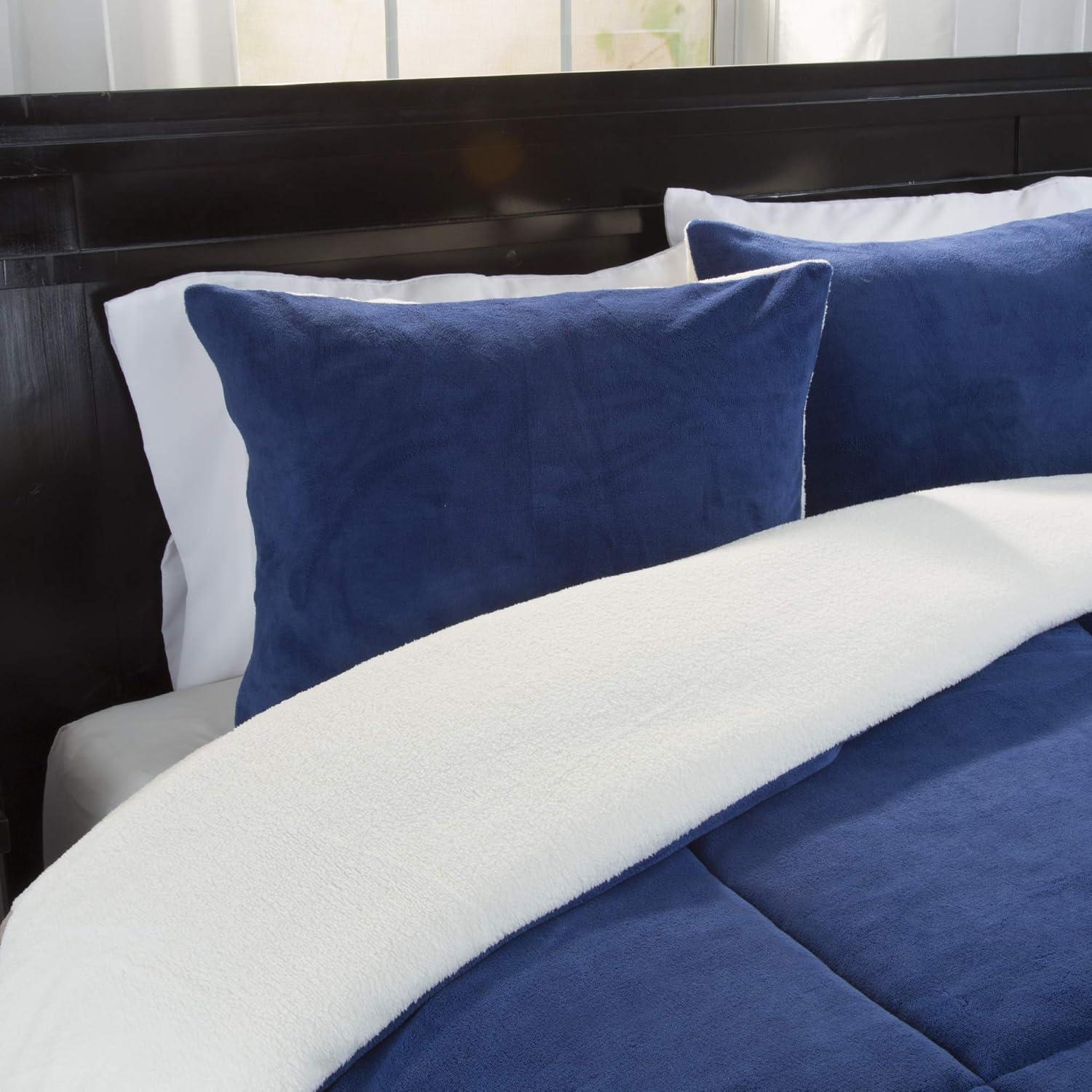 imageKing Size Comforter Set 3Piece Sherpa and Fleece Bedspread with Pillow Shams Warm Cozy MachineWashable Bedding by Lavish Home Navy