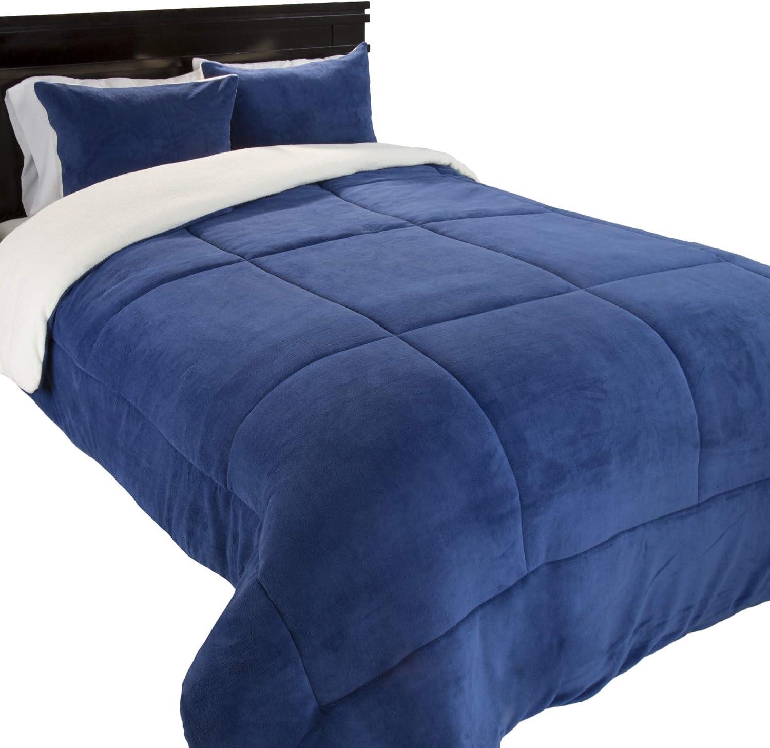 imageKing Size Comforter Set 3Piece Sherpa and Fleece Bedspread with Pillow Shams Warm Cozy MachineWashable Bedding by Lavish Home Navy
