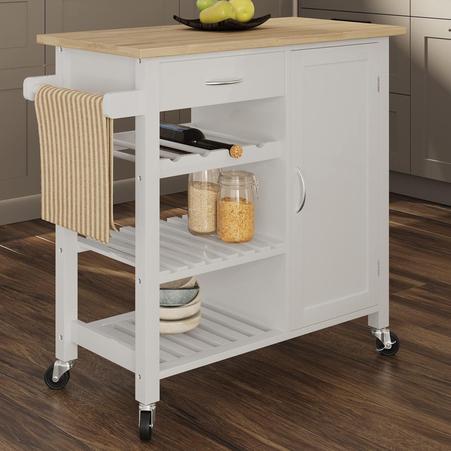 imageKitchen Island with Towel Rack and Shelves for Storage Rolling Cart to Use as Coffee Bar Microwave Stand or Kitchen Storage by Lavish Home White