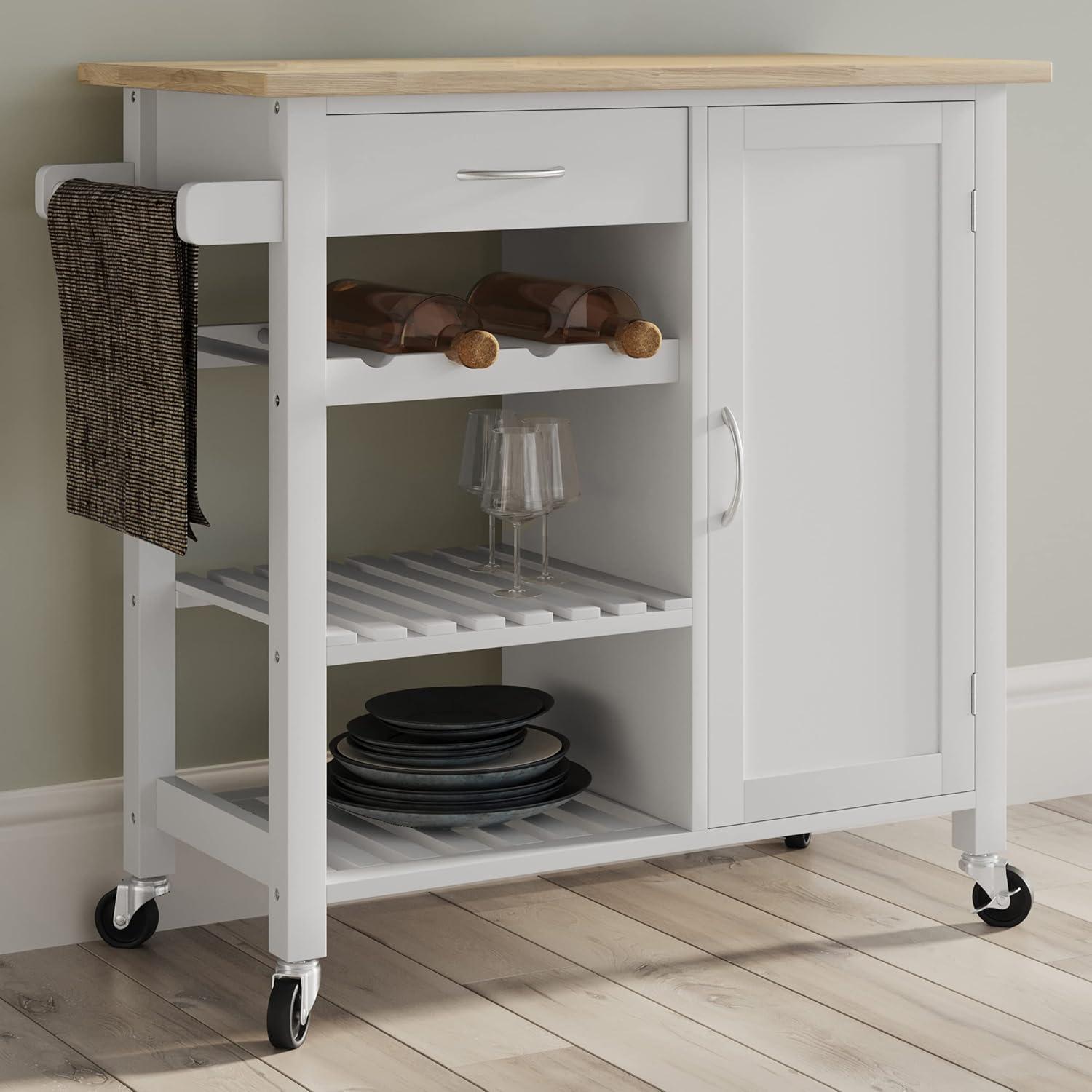 imageKitchen Island with Towel Rack and Shelves for Storage Rolling Cart to Use as Coffee Bar Microwave Stand or Kitchen Storage by Lavish Home White
