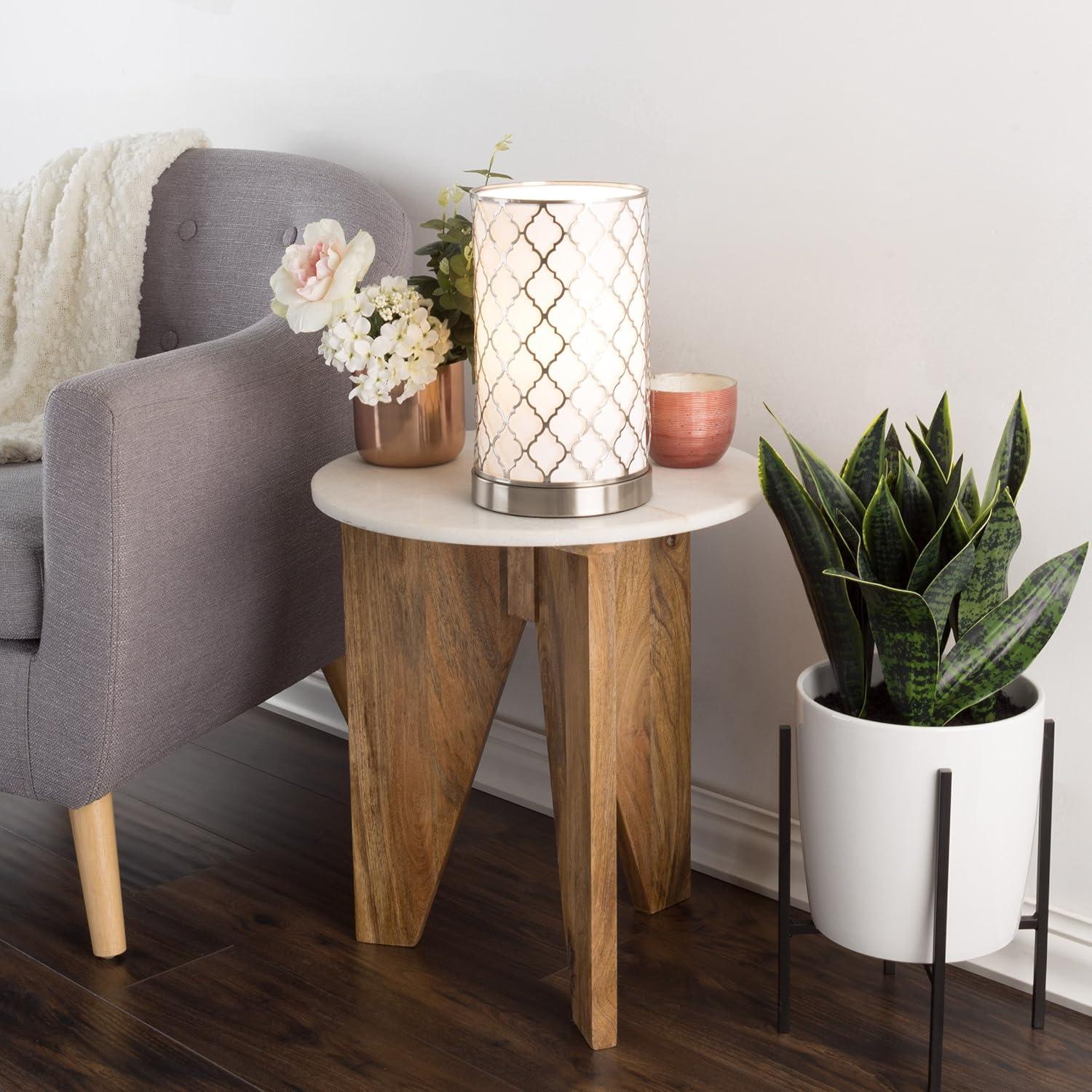 imageLED Uplight Table Lamp with Steel Finish Fabric Overwrap Laser Cut Quatrefoil Pattern and Included LED Light Bulb for Home Uplighting by Lavish HomeMoroccan