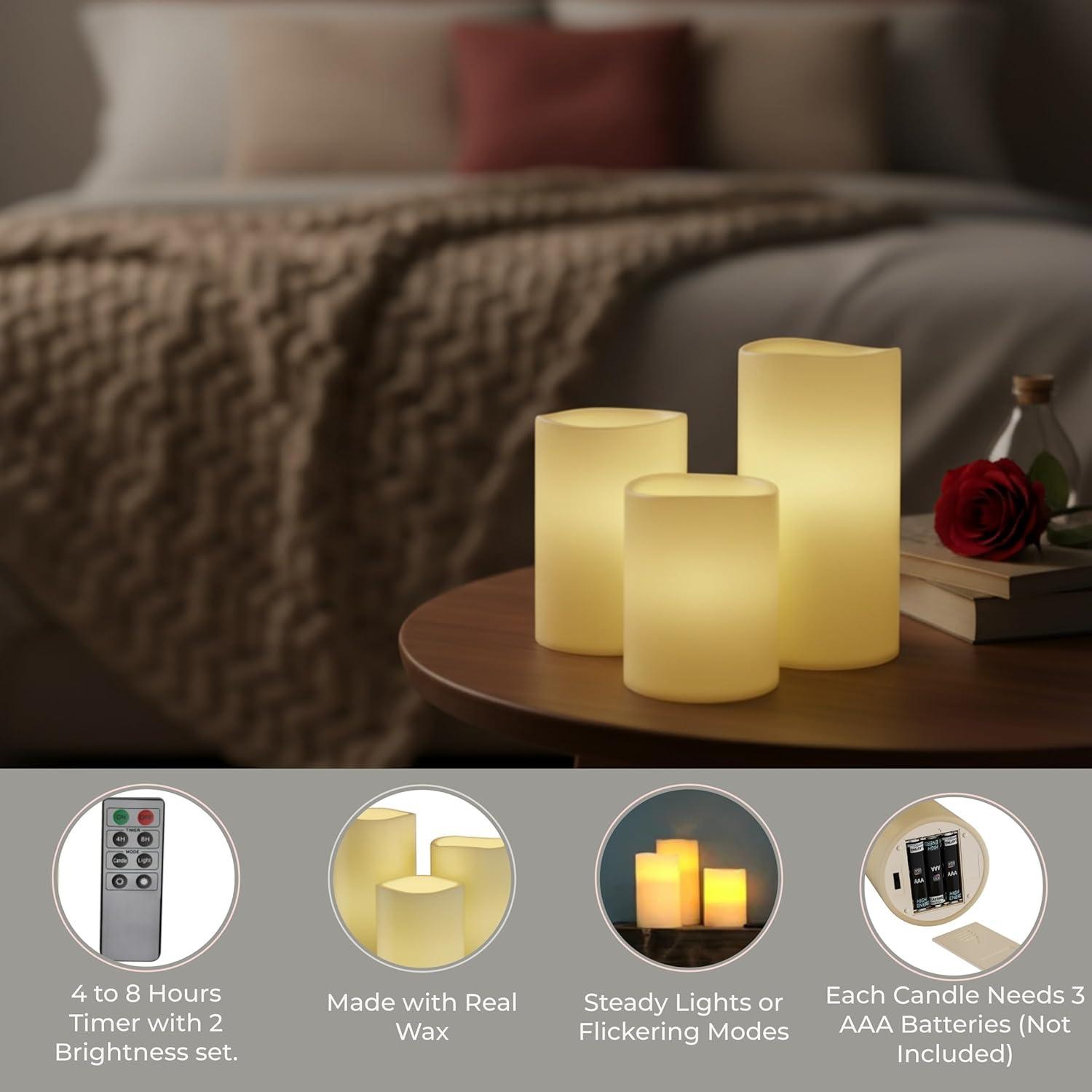 imageLavish Home 3Piece Battery Operated Candles Set LED Flameless Candles Battery Operated with Remote Controlled Real Wax for Home Wedding or Christmas Decor White