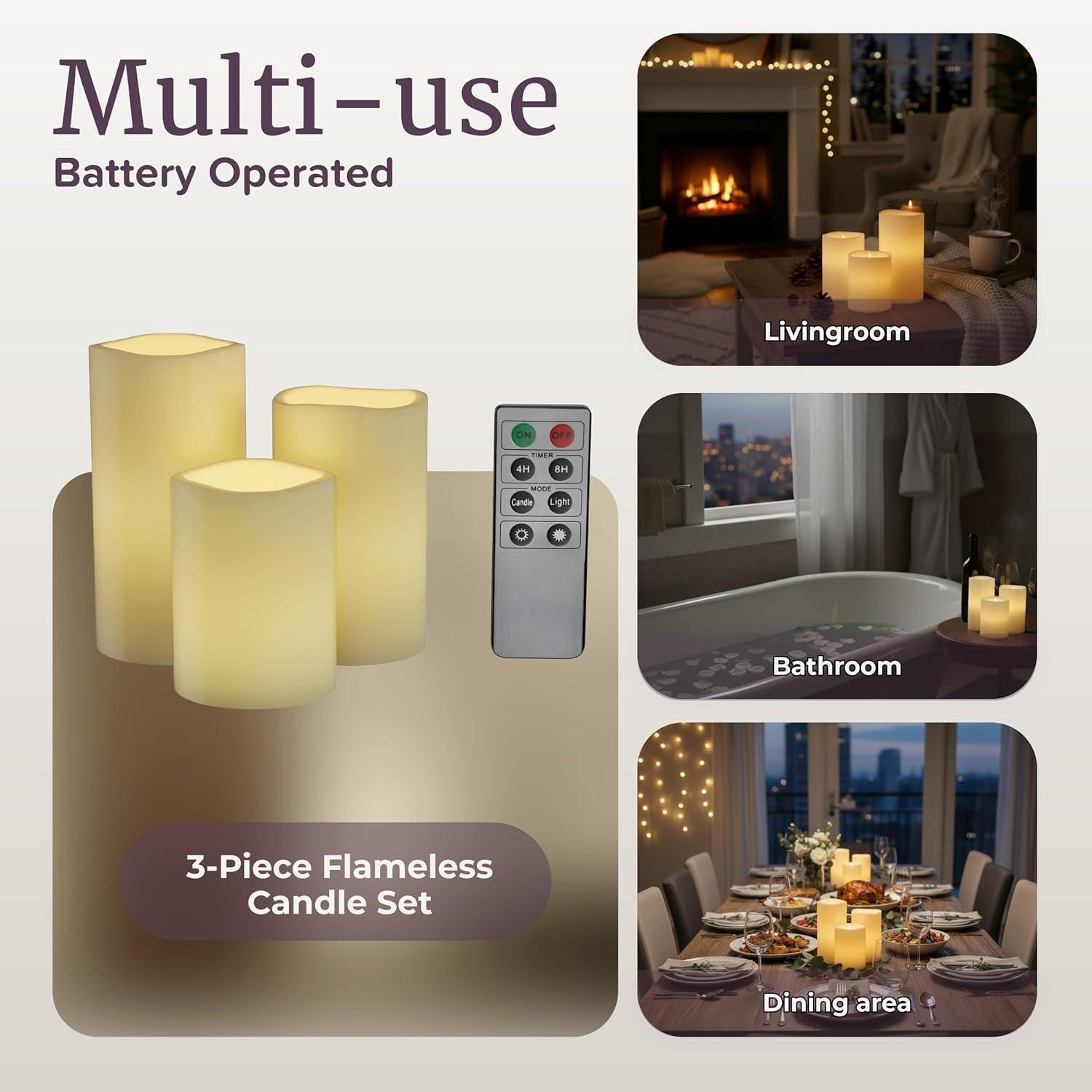 imageLavish Home 3Piece Battery Operated Candles Set LED Flameless Candles Battery Operated with Remote Controlled Real Wax for Home Wedding or Christmas Decor White